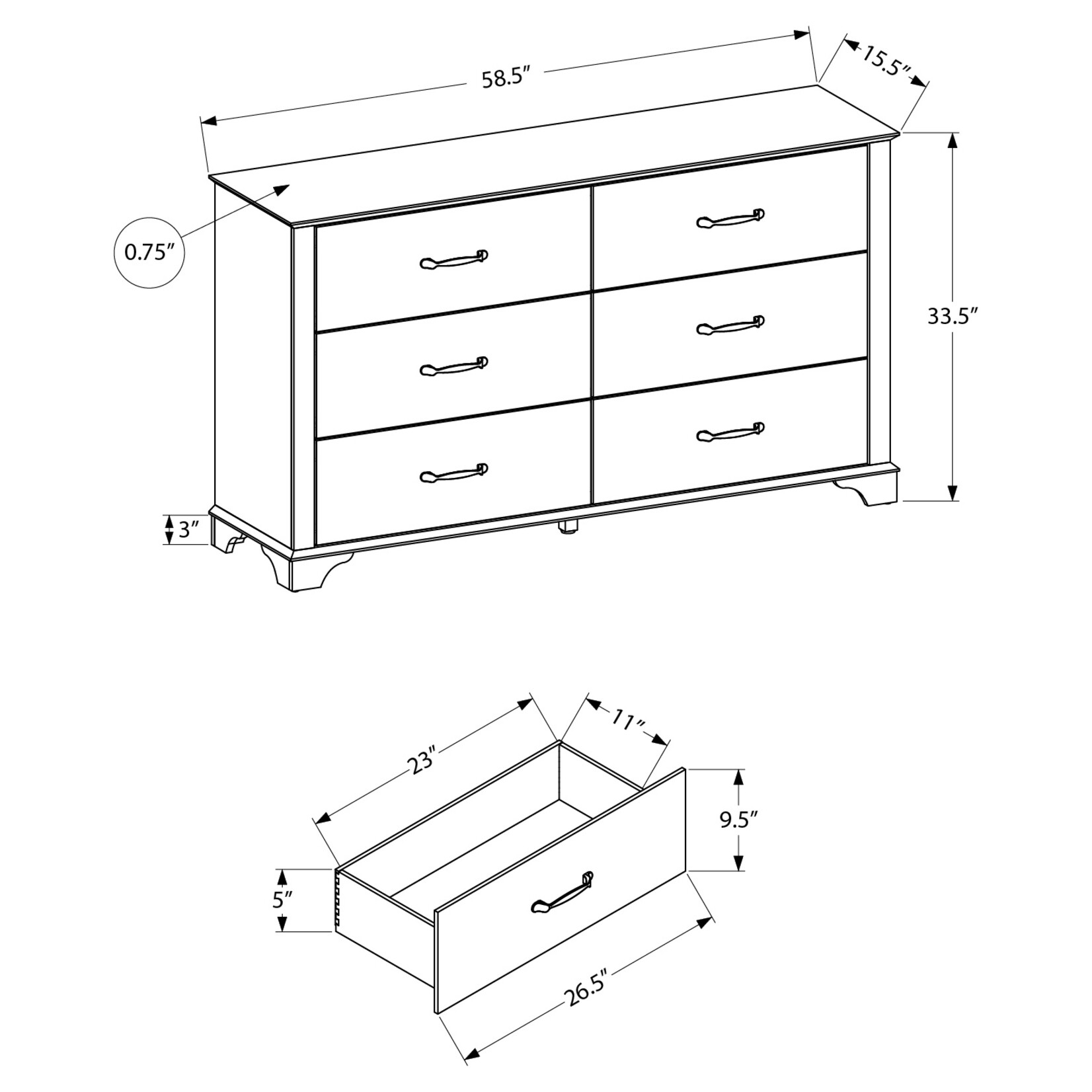 6 DRAWER DRESSER - BLEACHED OAK FINISH - RUSTIC OAK TOP