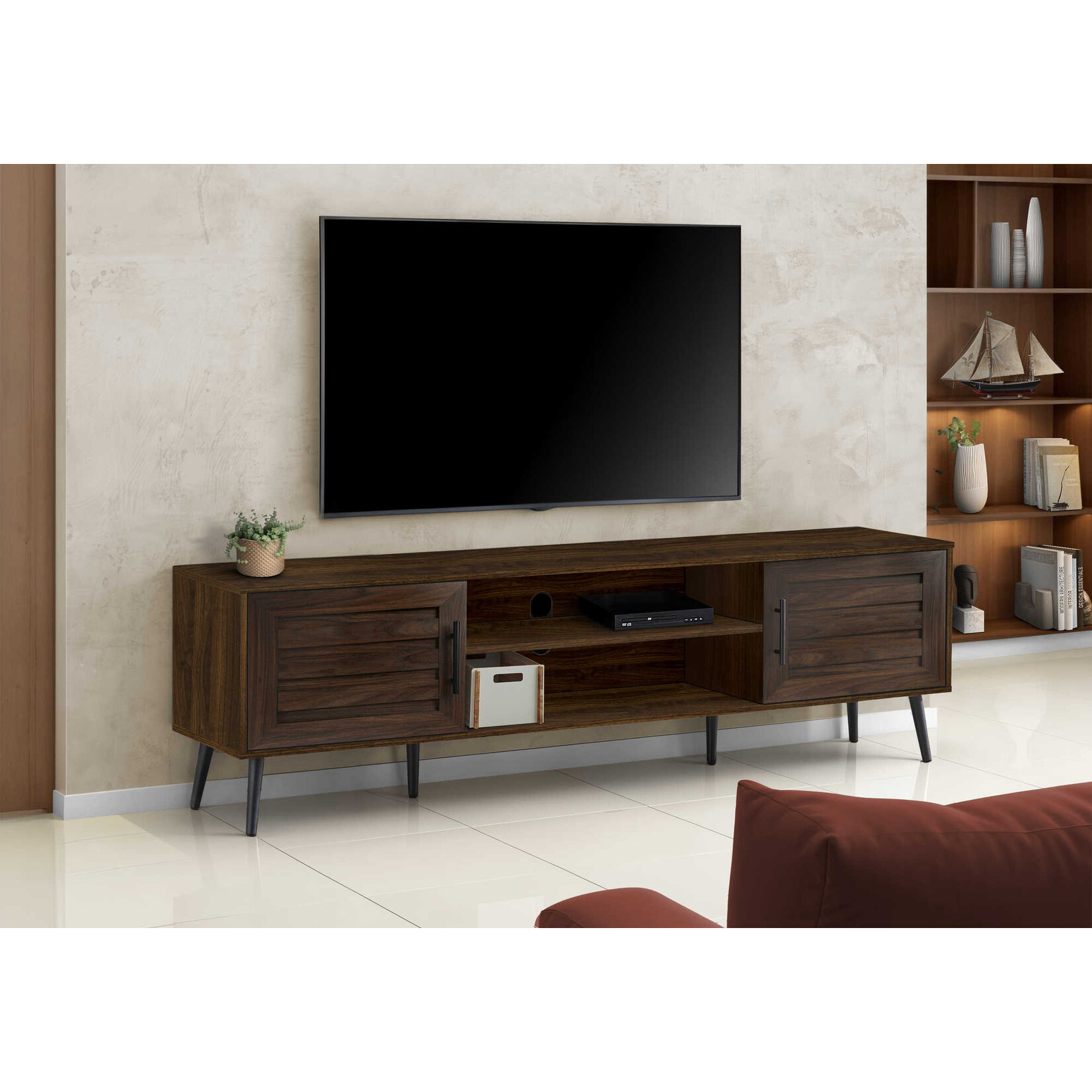 TV STAND - 72"L BROWN WOOD-LOOK WITH 2 DOORS