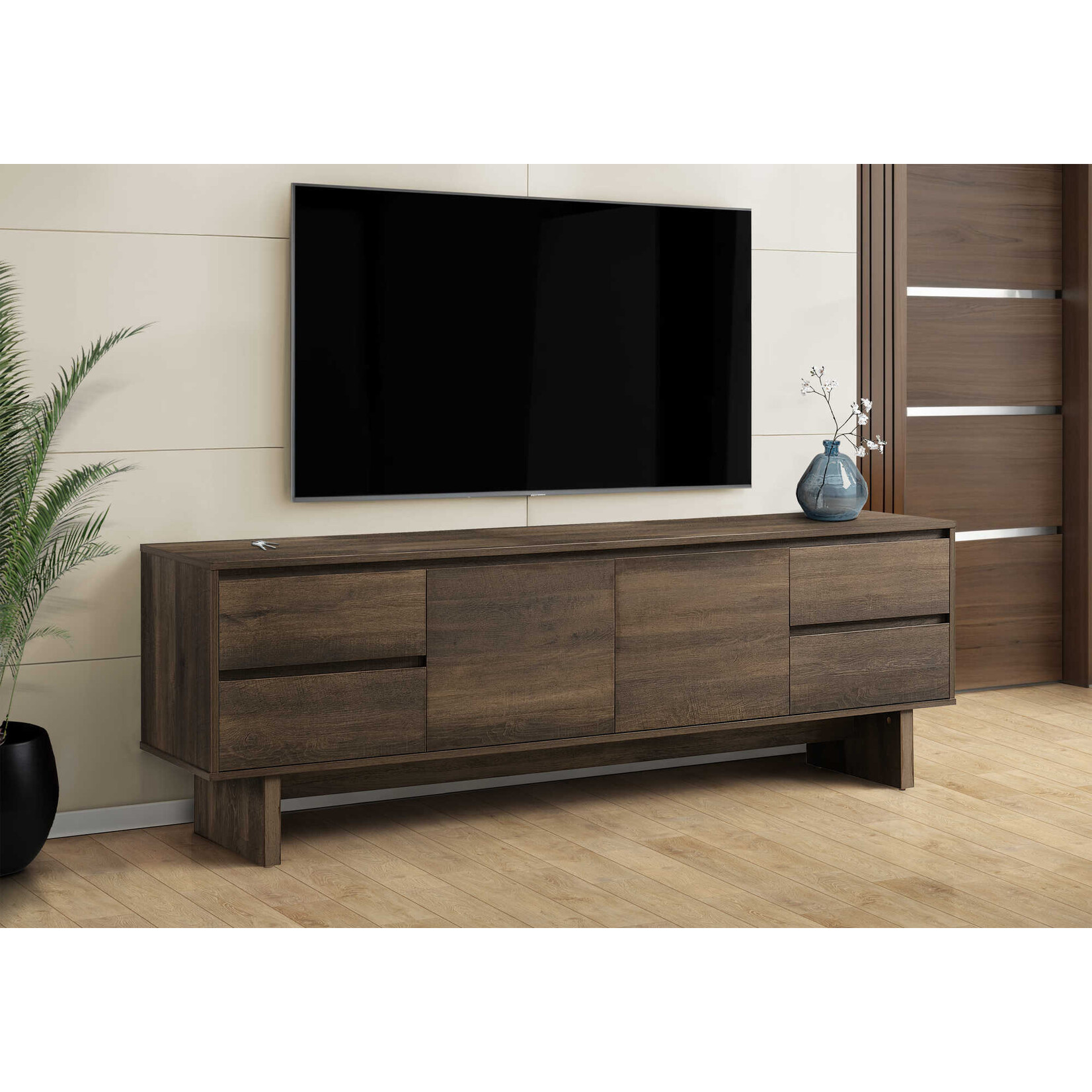 MEUBLE TV - 72"L / BRUN SIMILI-BOIS AVEC D'ENTREPOSAGE