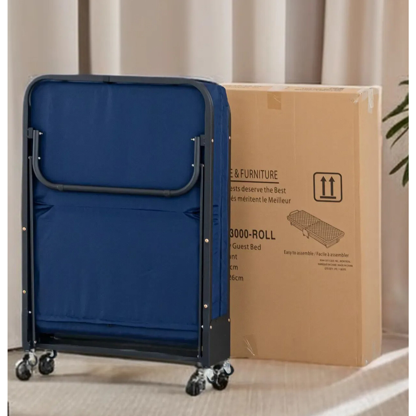 Folding Guest Bed, Adjustable Back & Rollaway, Blue