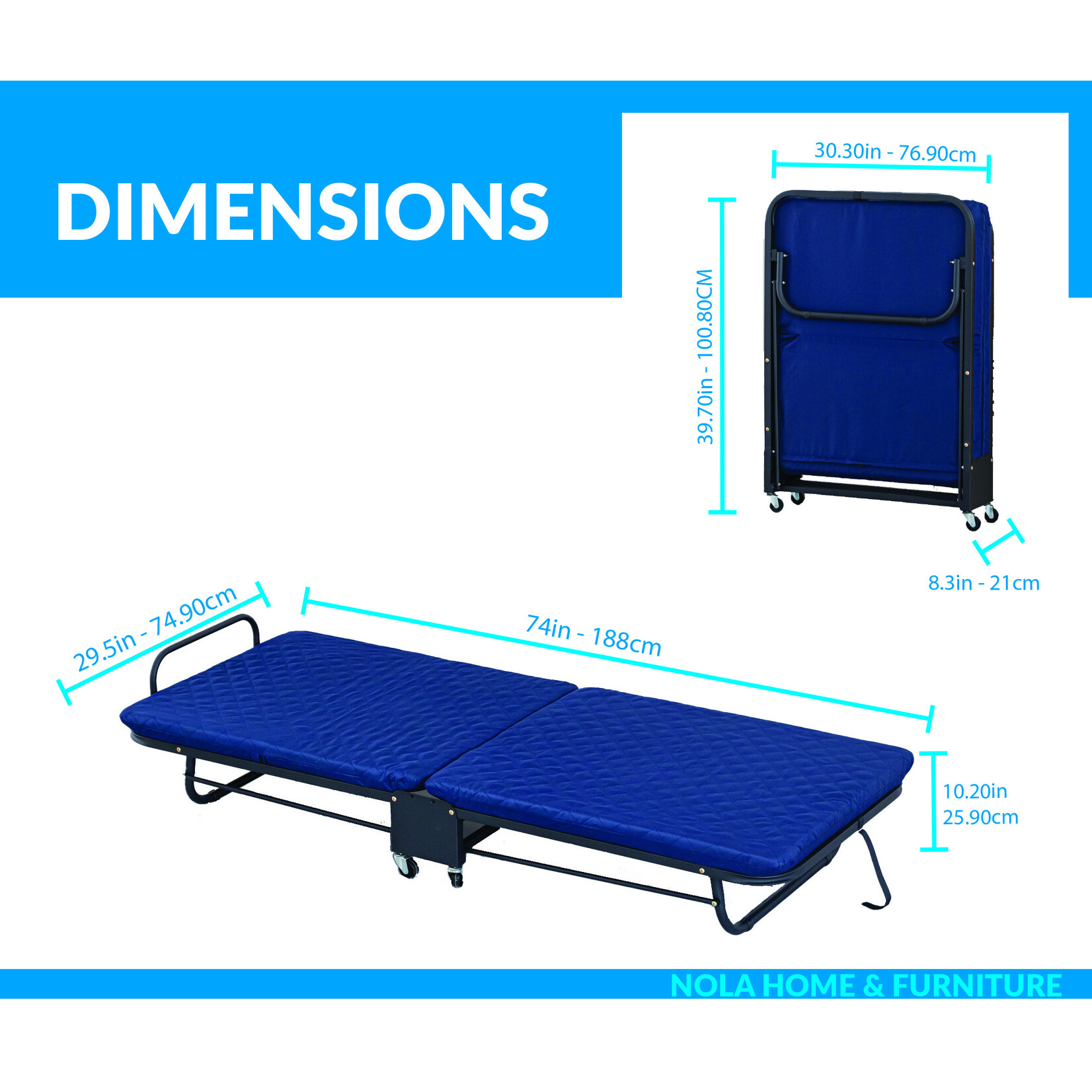 Folding Guest Bed, Adjustable Back & Rollaway, Blue