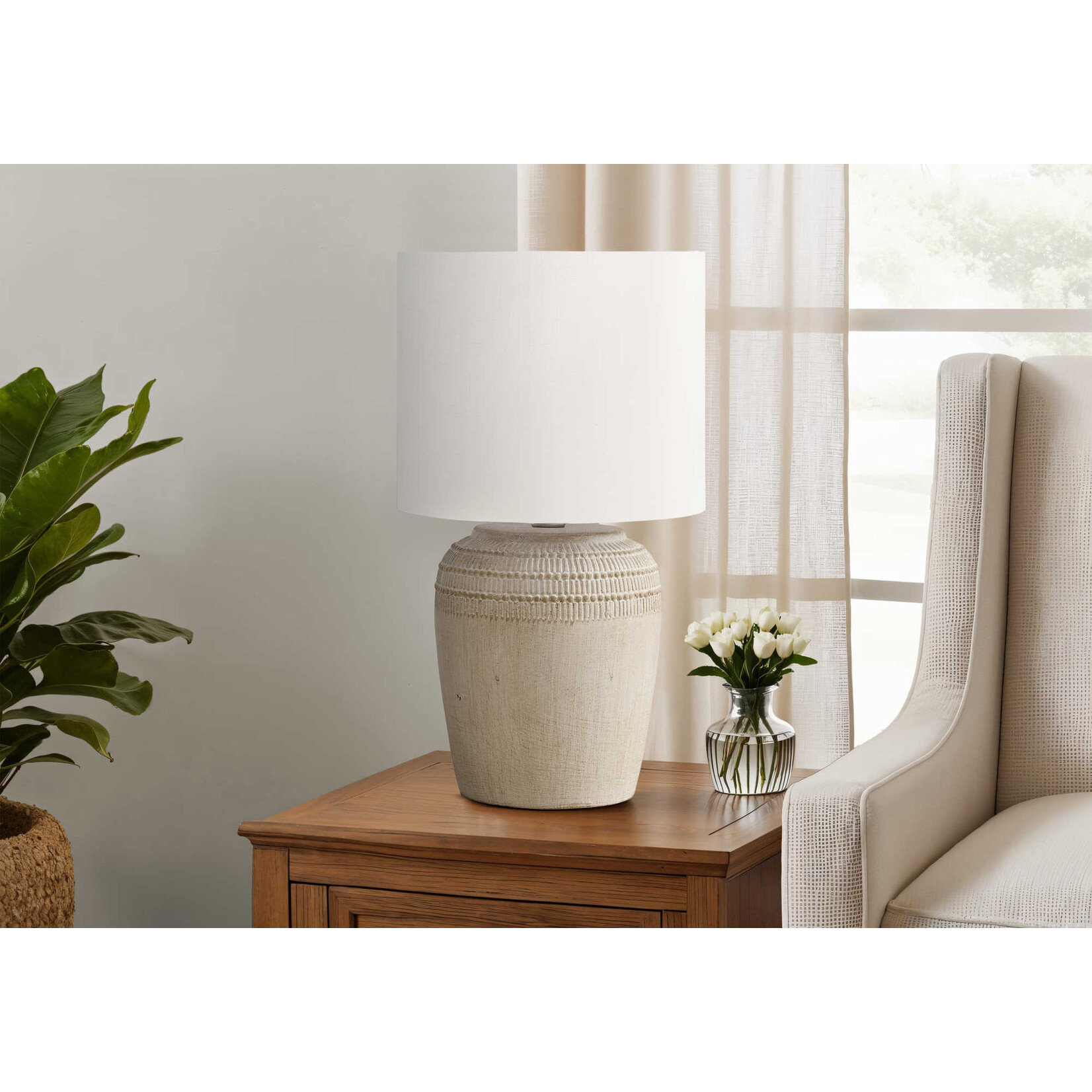 Luminaire Lampe de Table Ceramique Beige, Ivoire, 17po