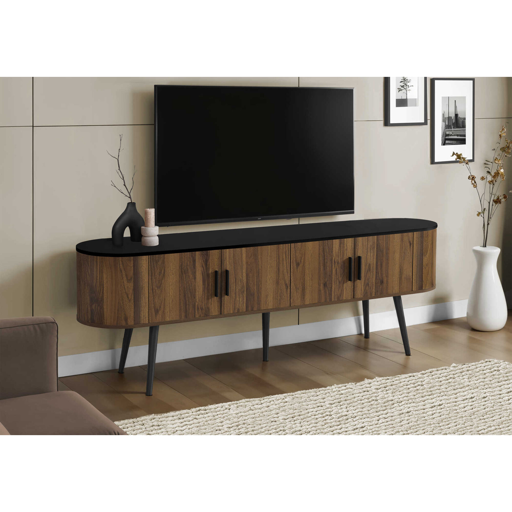 MEUBLE TV - 72"L / NOIR AVEC 4 PORTES SIMILI-BOIS BRUN
