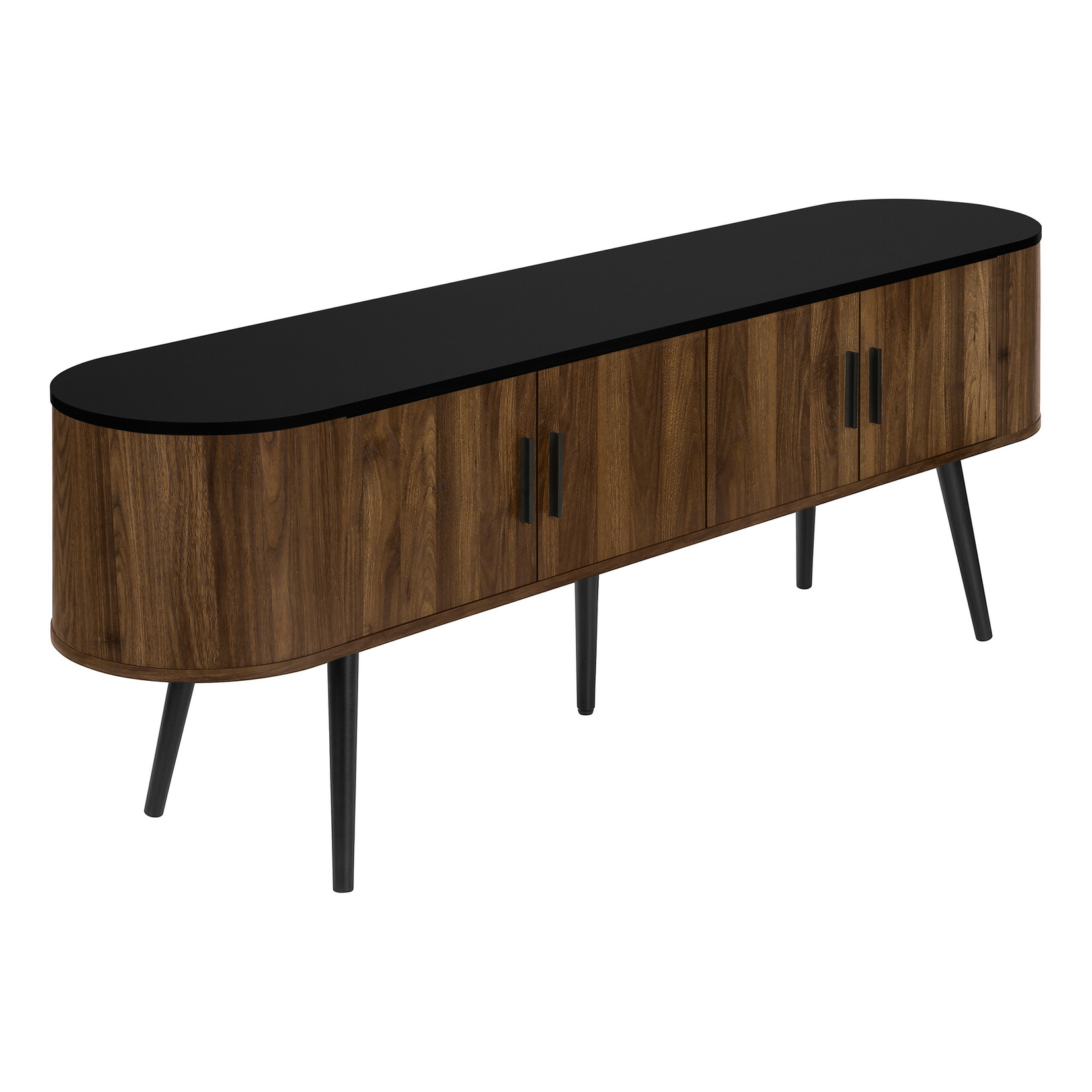 TV STAND - 72"L / BLACK WITH 4 BROWN WOOD-LOOK DOORS