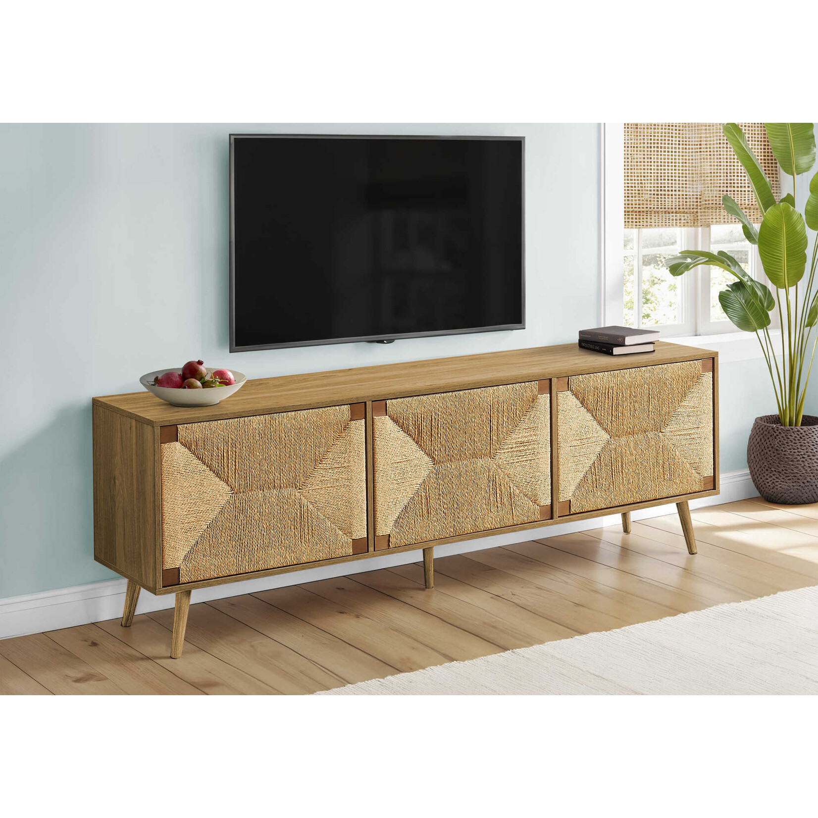 TV STAND - 72"L / LIGHT WALNUT / SEAGRASS WITH 3 DOORS