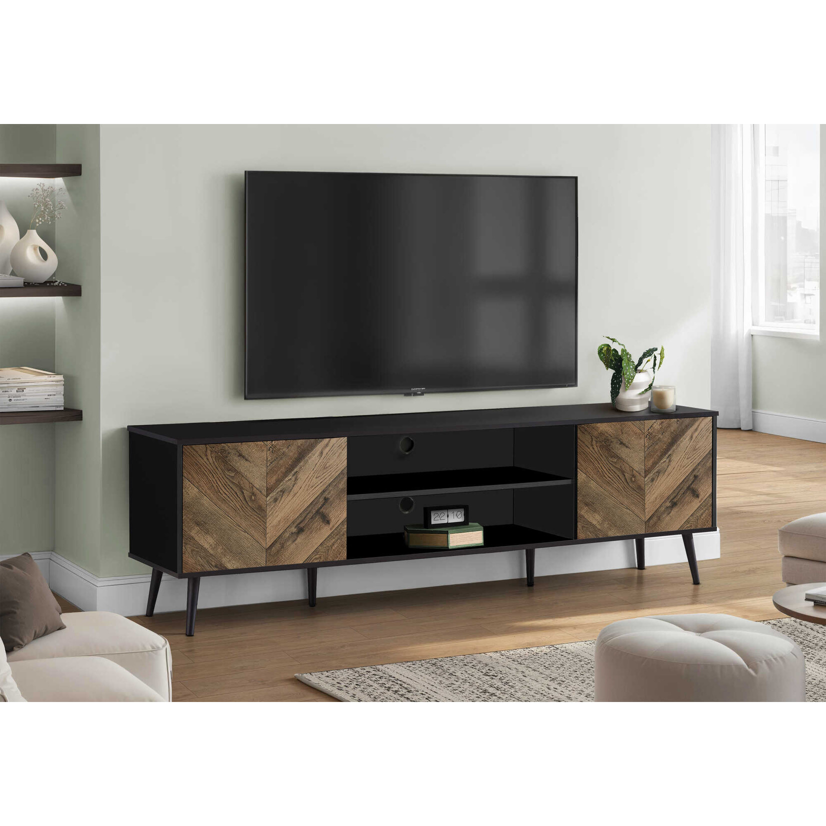 MEUBLE TV - 72"L / NOIR AVEC 2 PORTES SIMILI-BOIS