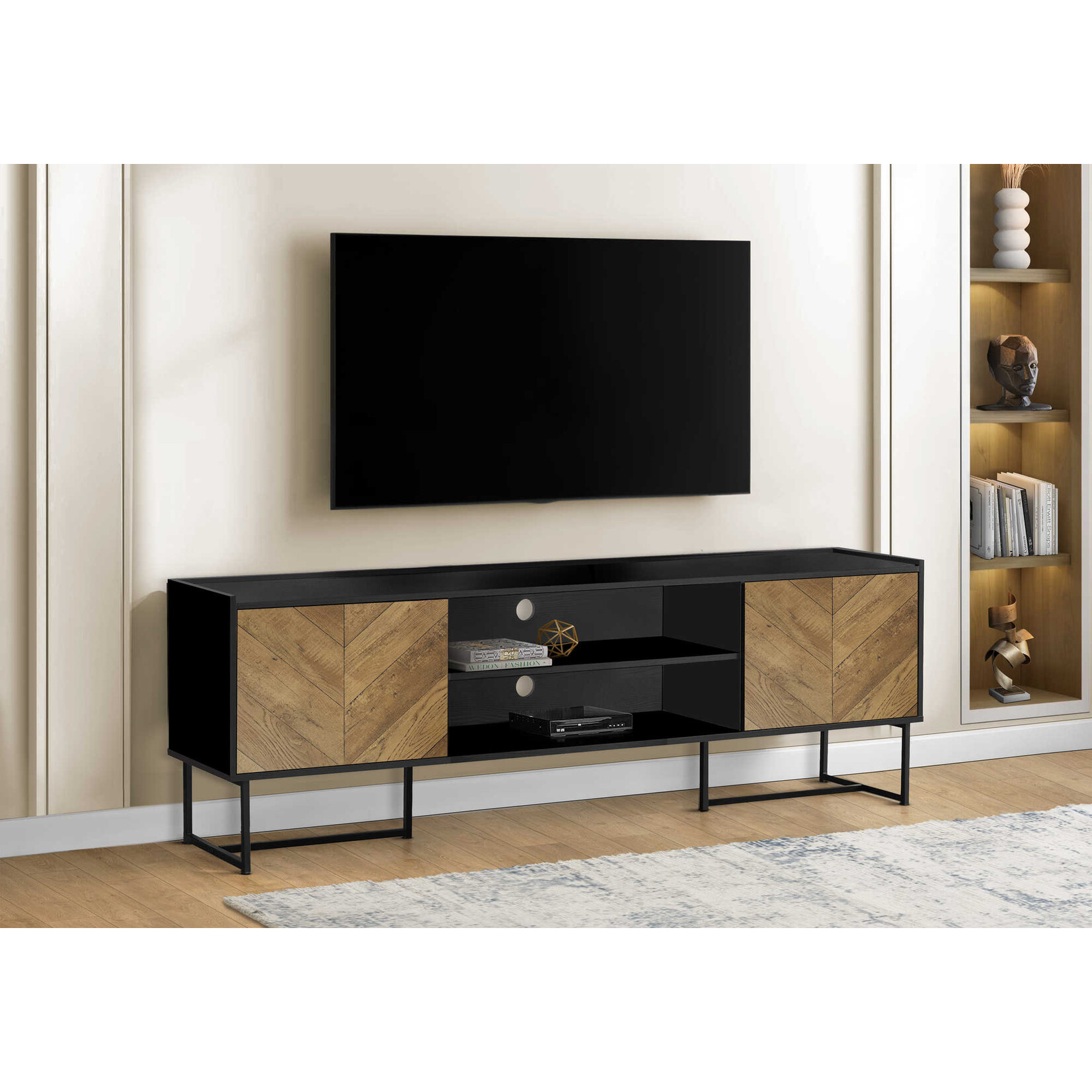 MEUBLE TV - 72"L / NOIR / METAL AVEC 2 PORTES SIMILI-BOIS