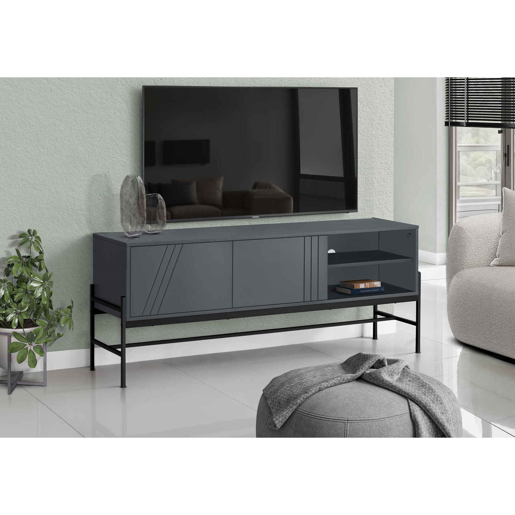 TV STAND - 60"L / GREY / BLACK METAL WITH STORAGE