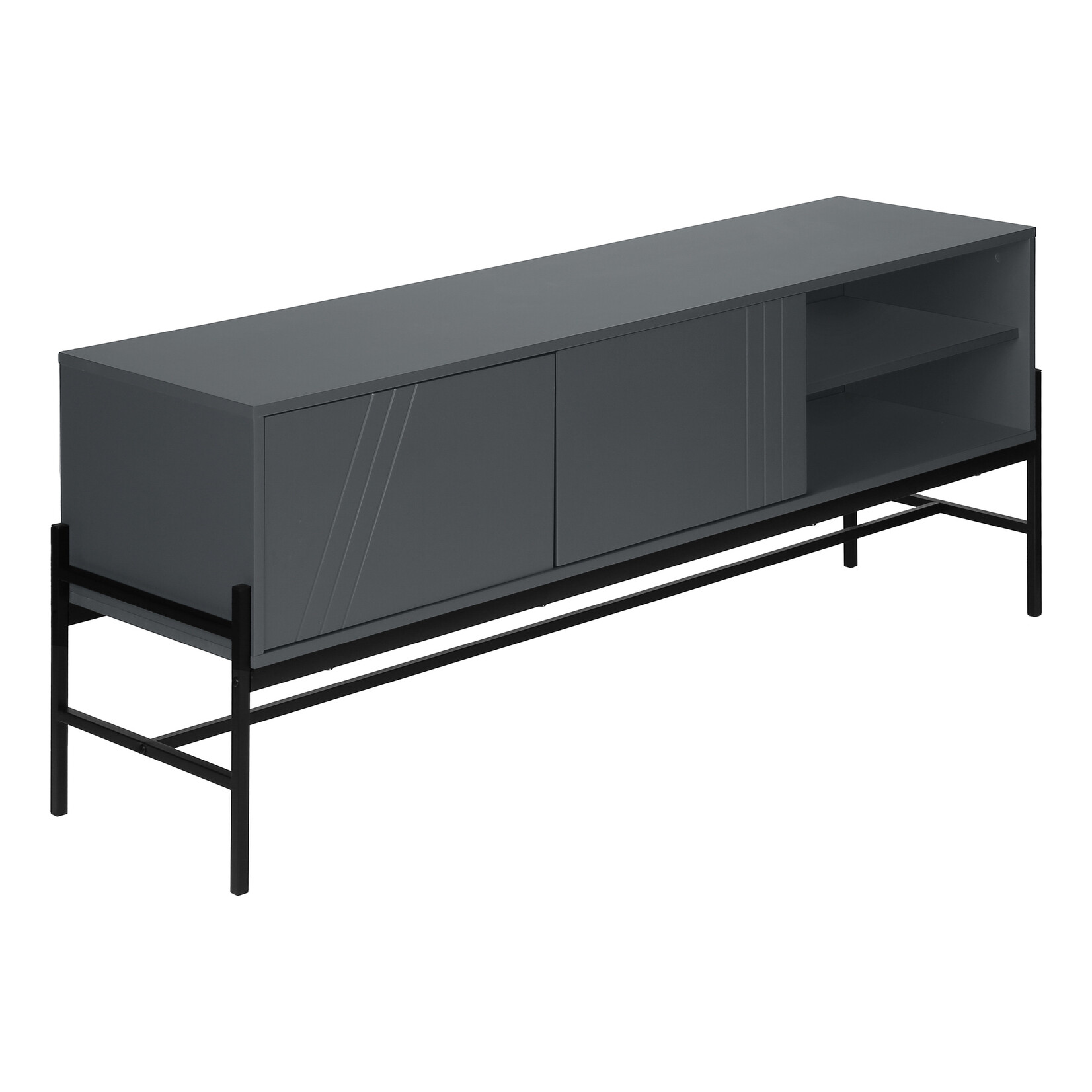 TV STAND - 60"L / GREY / BLACK METAL WITH STORAGE