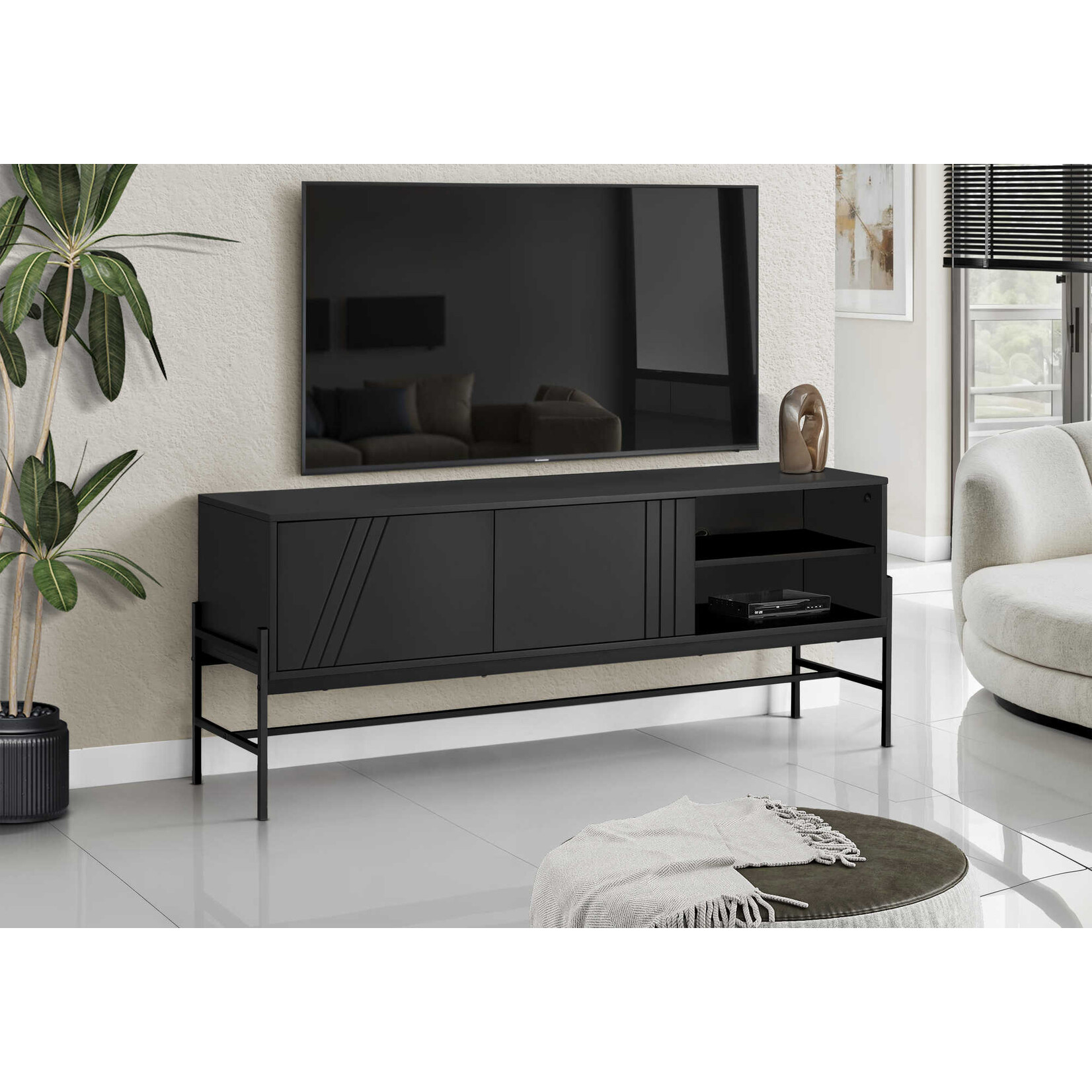 TV STAND - 60"L / BLACK / BLACK METAL WITH STORAGE