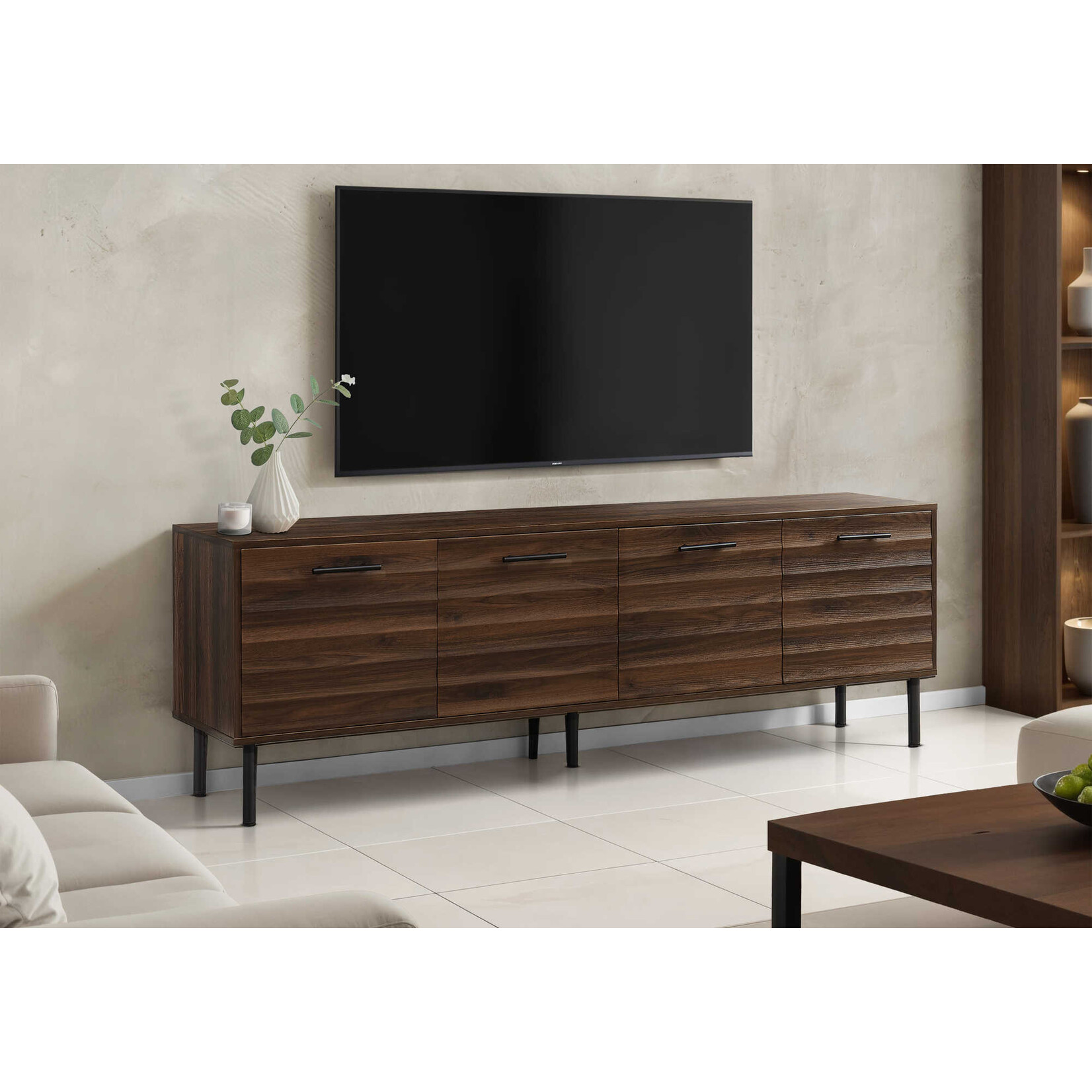 MEUBLE TV - 72"L / BRUN FONCE SIMILI-BOIS AVEC 4 PORTES