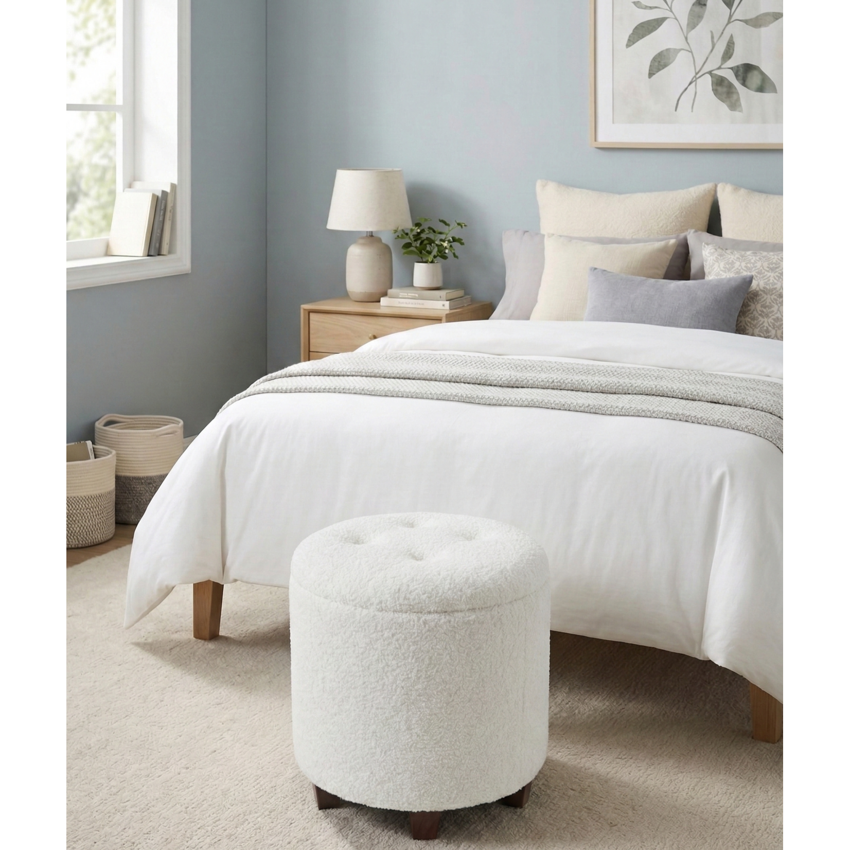 ITY INTERNATIONAL Teddy Large Round Ottoman with Storage, White