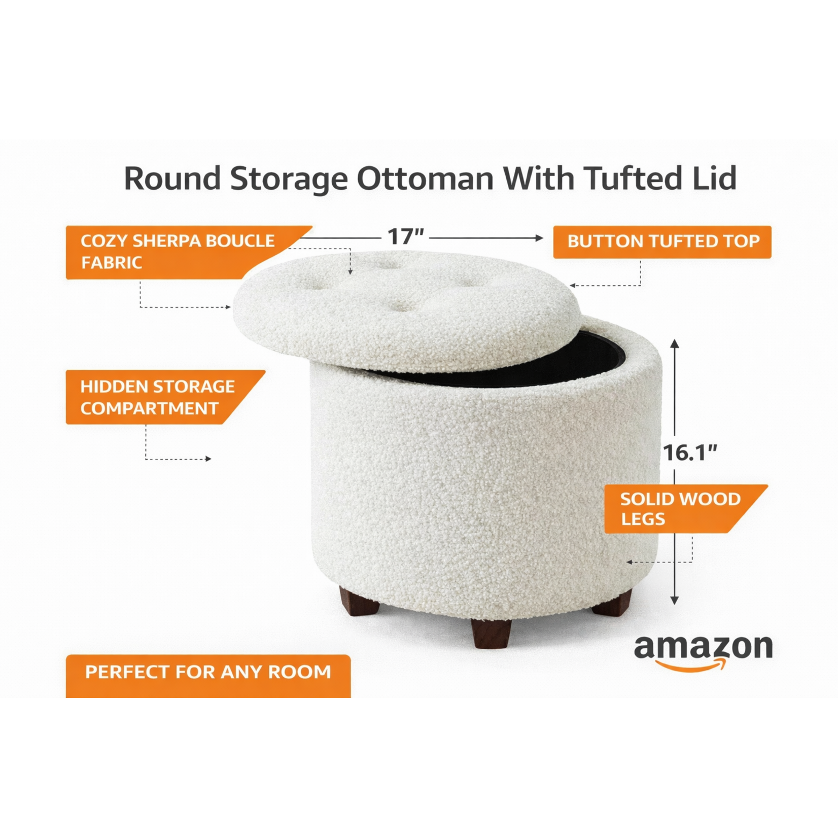 ITY INTERNATIONAL Teddy Large Round Ottoman with Storage, White