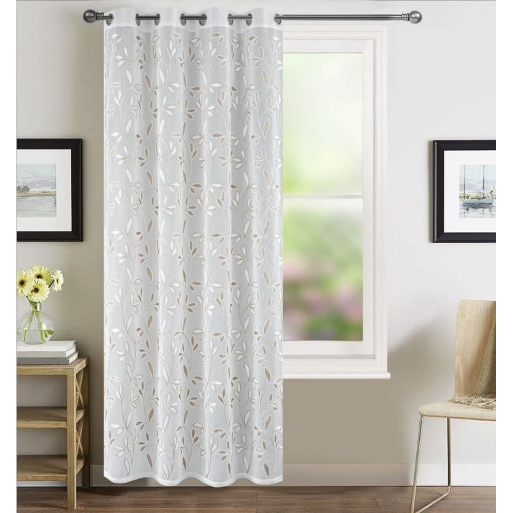 Embroidered Leaf Sheer Grommet Curtain Panel - Available in 63", 84", and 95" Lengths