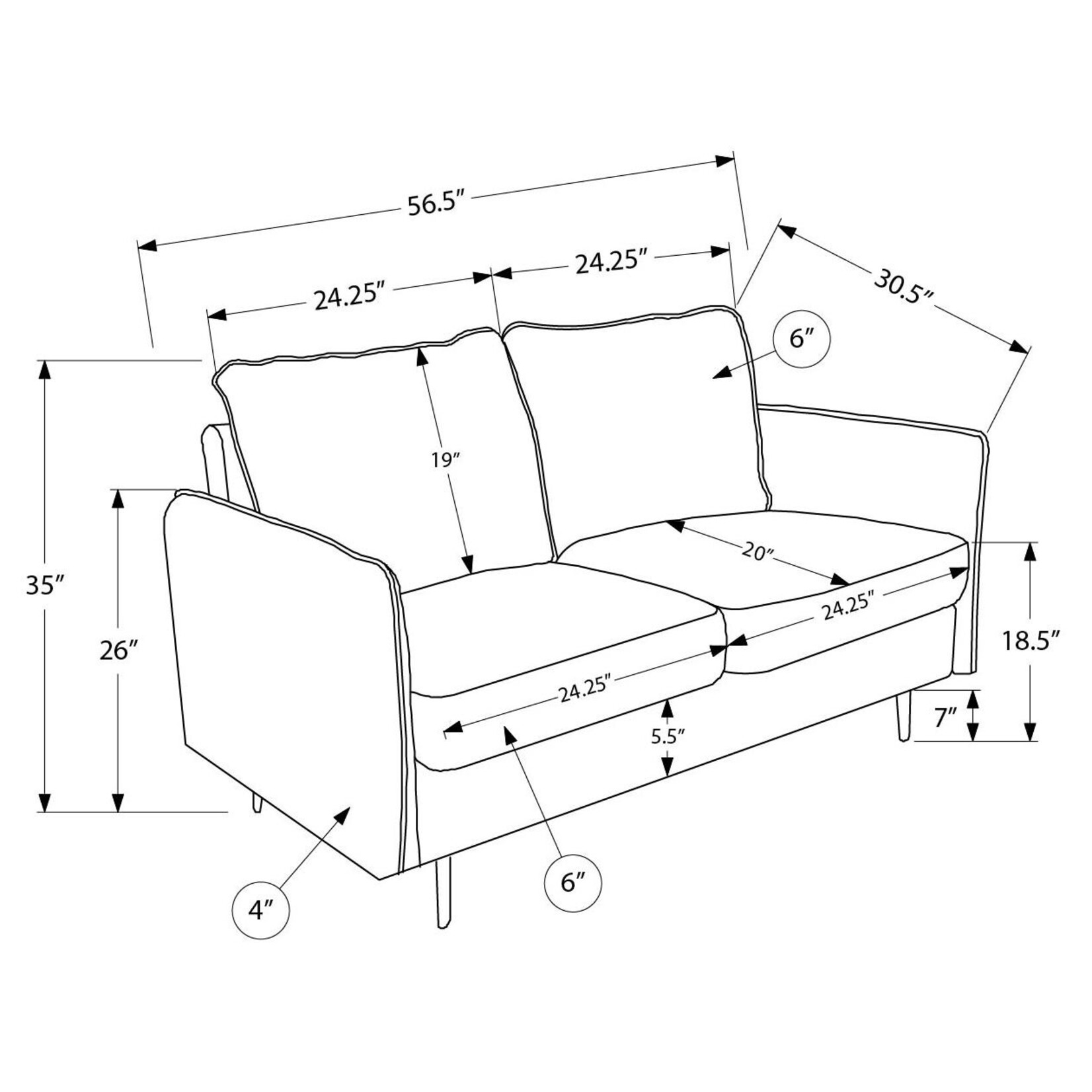 Love Seat 57"Long, Grey Fabric