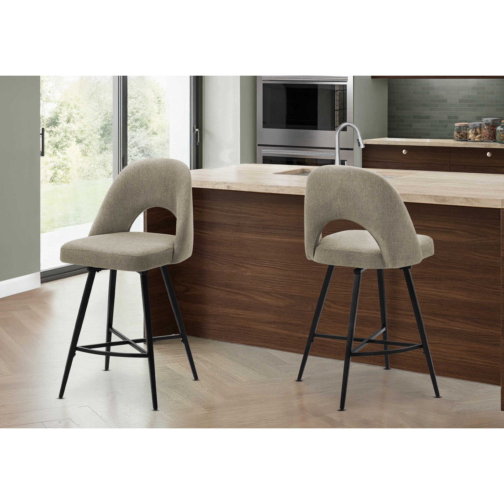 2pcs Barstool Set, 39"H Swivel Counter Height, Brown Fabric
