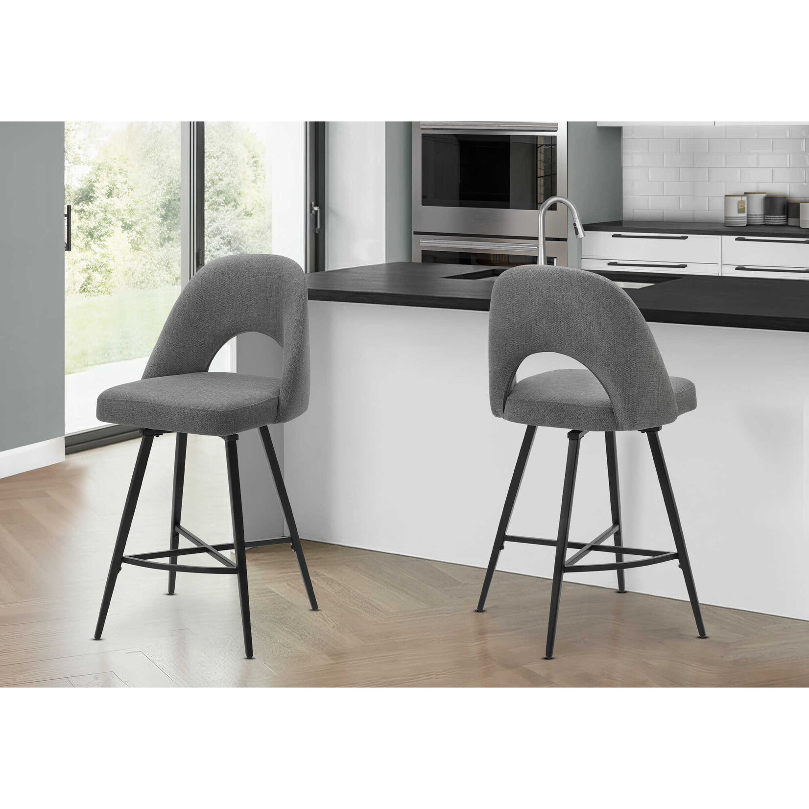 2pcs Barstool Set, 39"H Swivel Counter Height, Grey Fabric