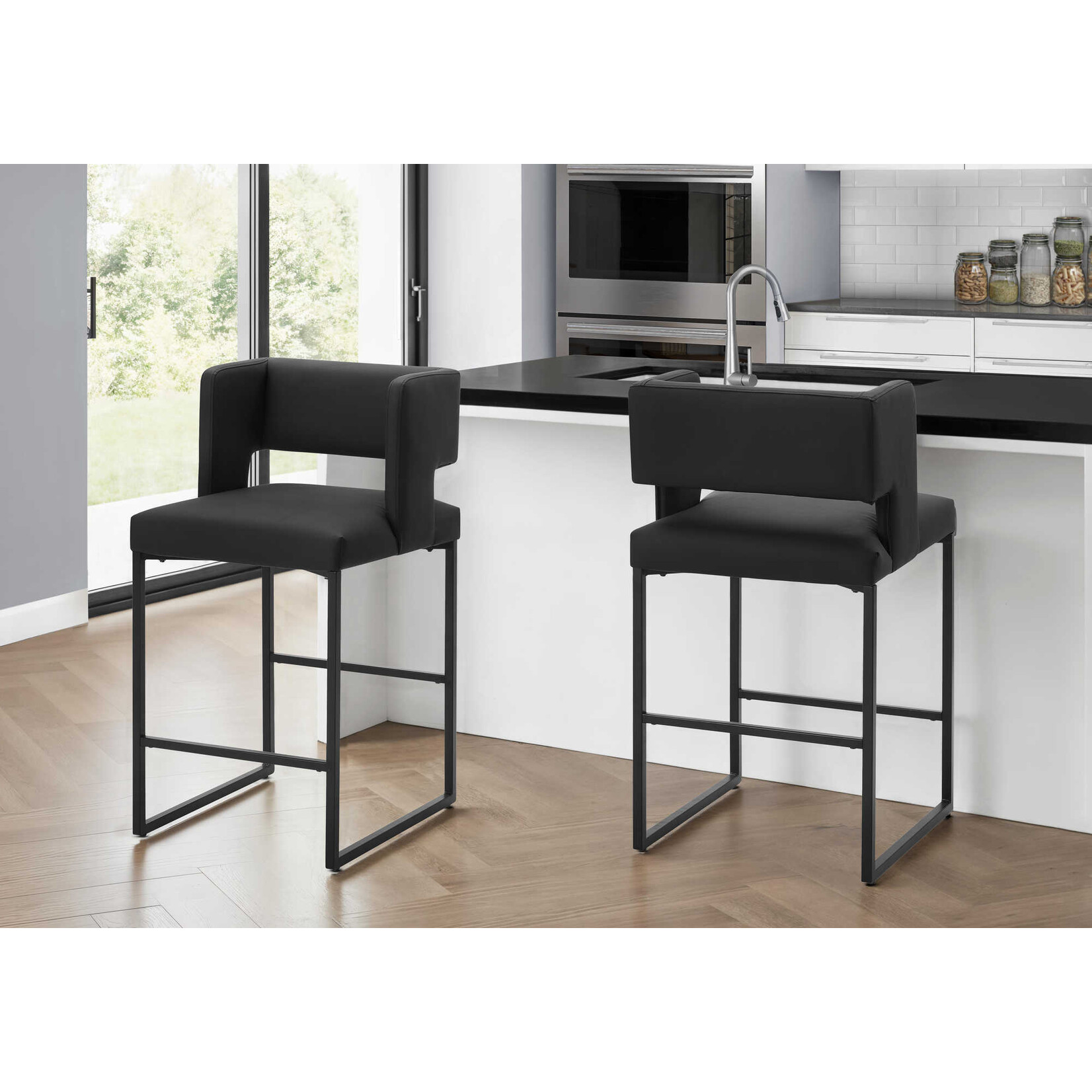 2pcs Barstool Set, Counter Height 36"H, Black Faux Leather