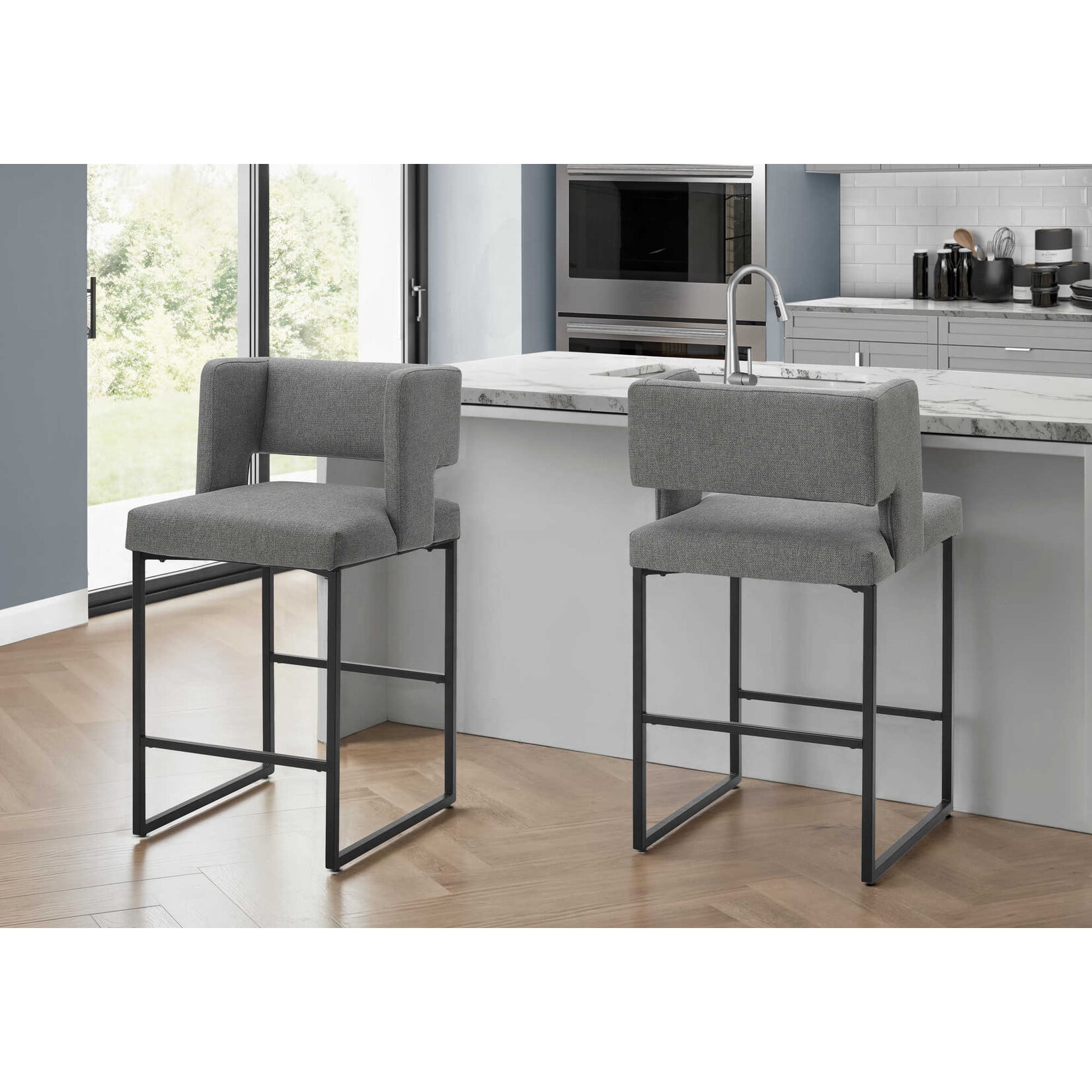 2pcs Barstool Set, Counter Height 36"H, Grey Fabric