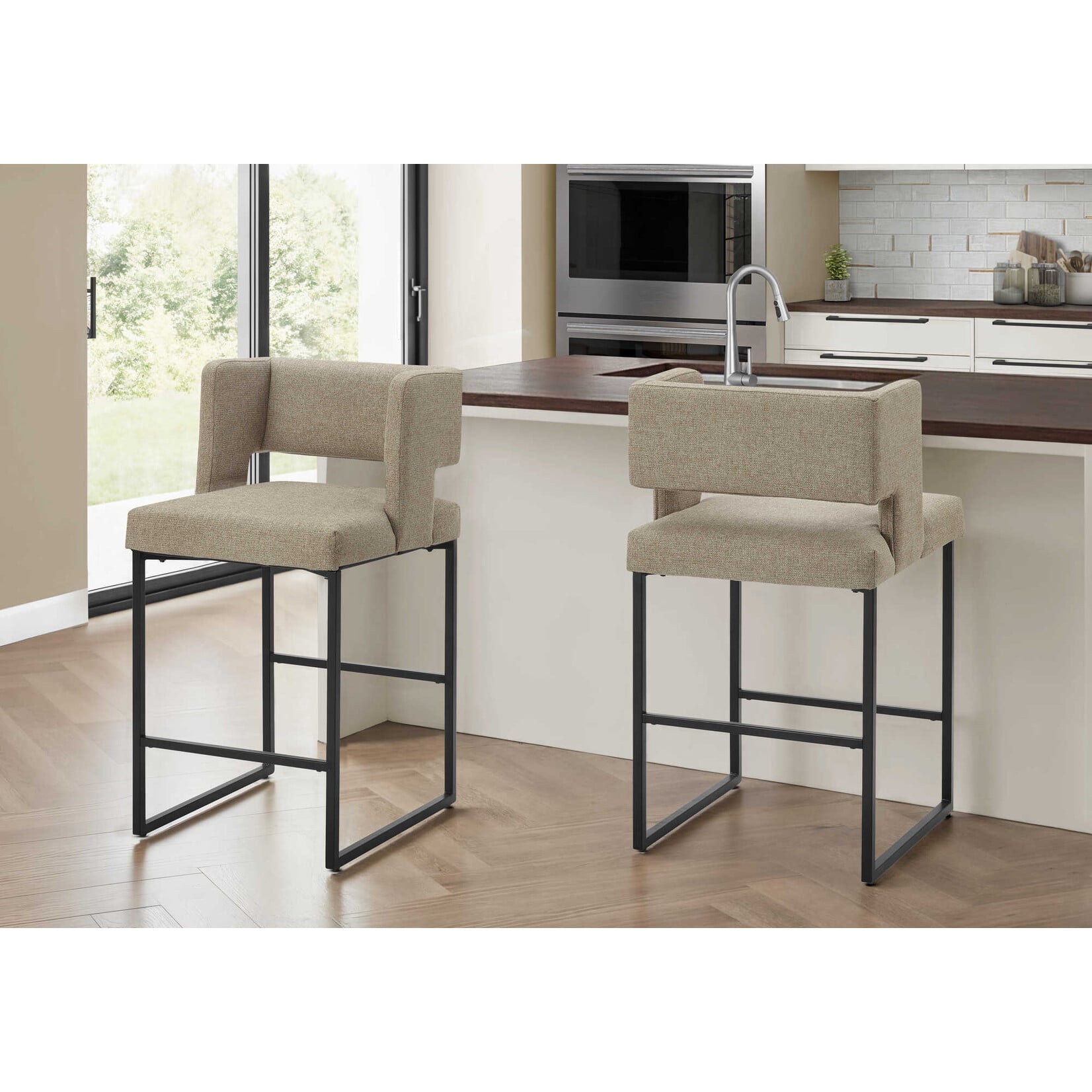 2pcs Barstool Set, Counter Height 36"H, Brown Fabric