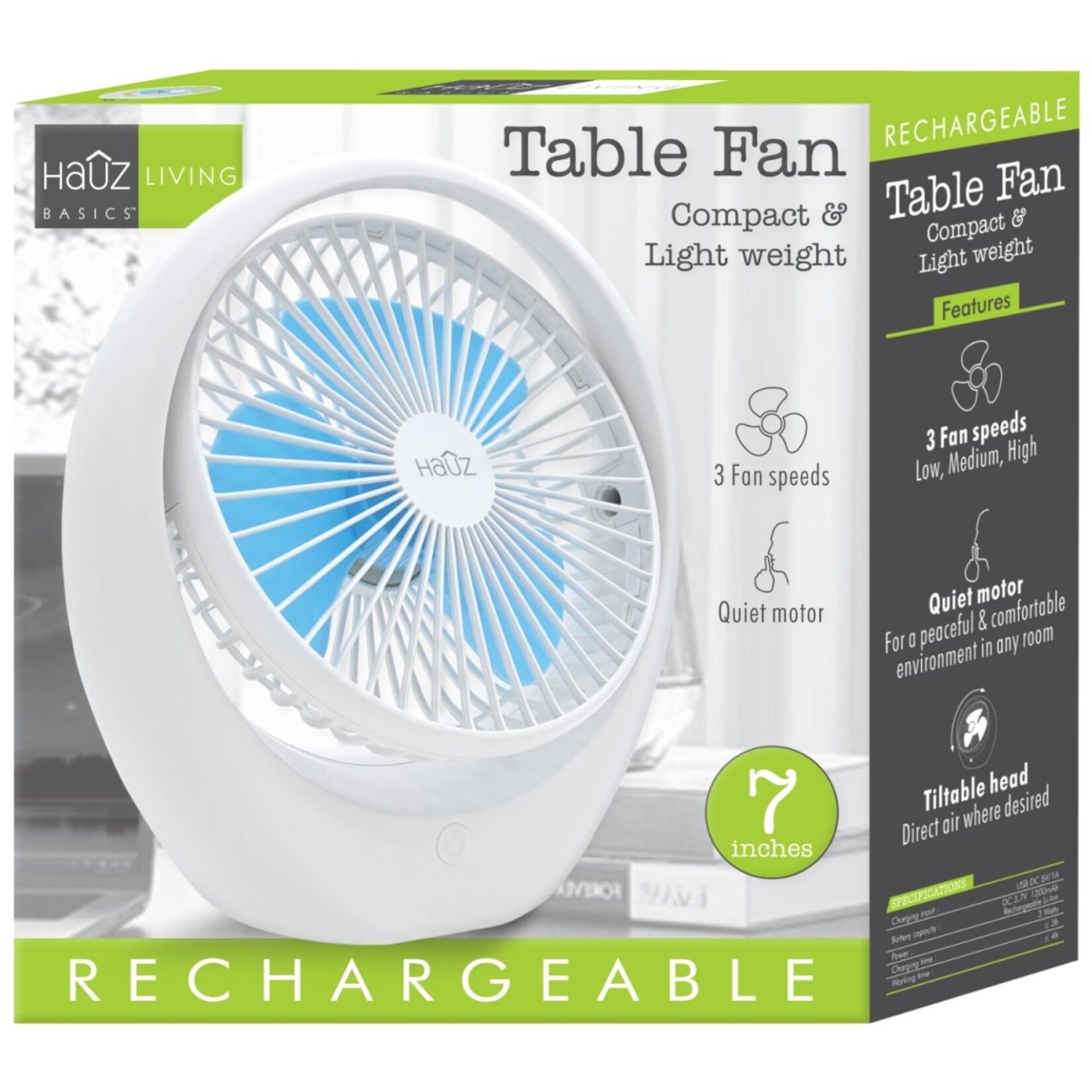 Ventilateur de Bureau Rechargeable Hauz de 7 po