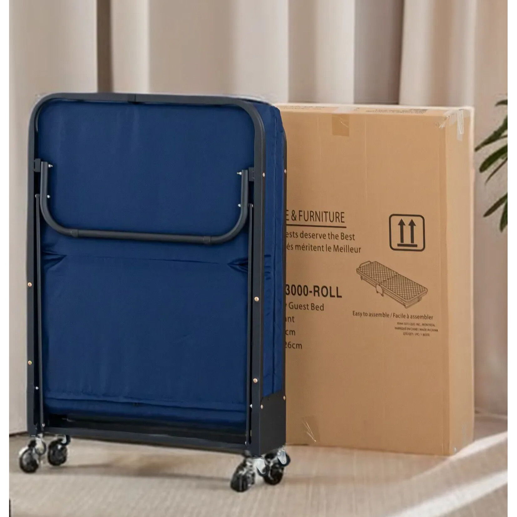 Folding Guest Bed, Adjustable Back & Rollaway, Blue