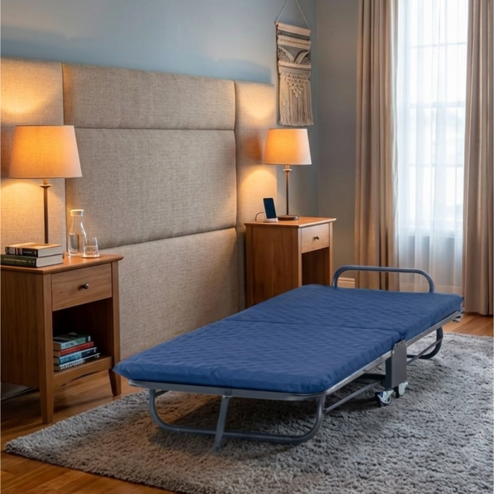 Folding Guest Bed, Adjustable Back & Rollaway, Blue