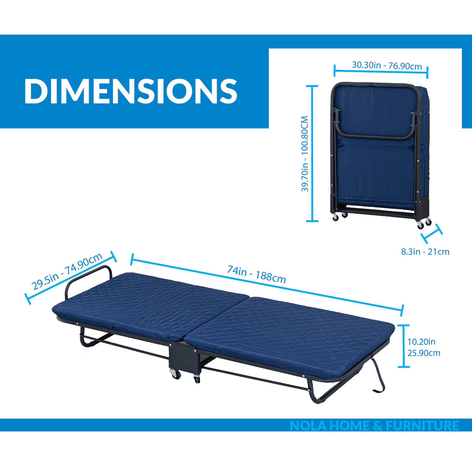 Folding Guest Bed, Adjustable Back & Rollaway, Blue