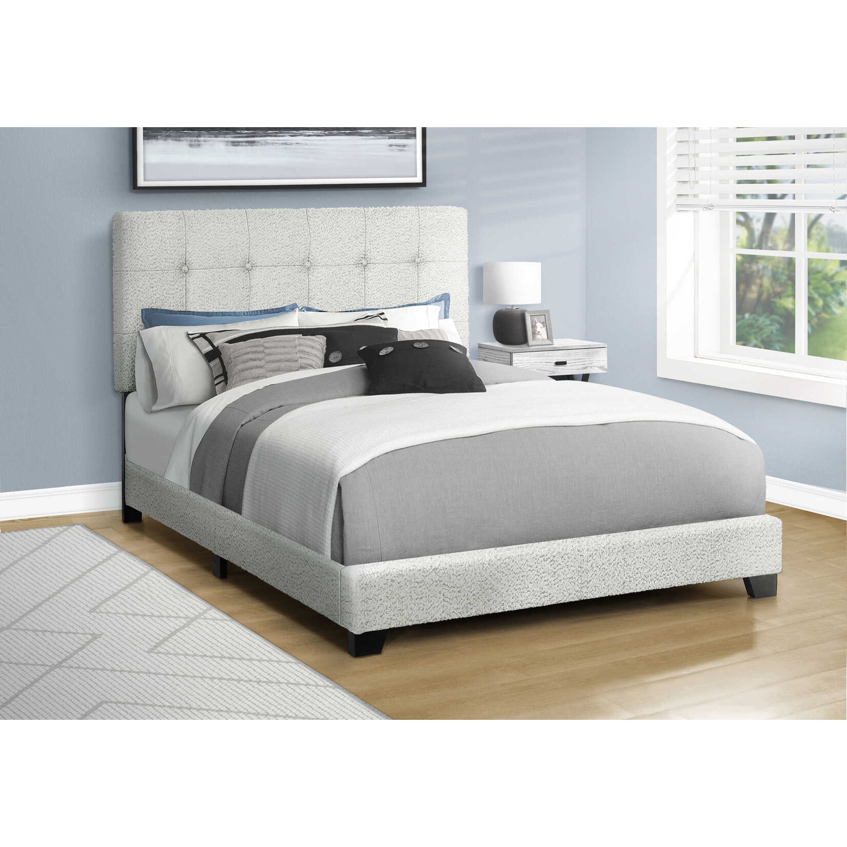 Boucle Fabric Upholstered Bed Frame, Light Grey, Double