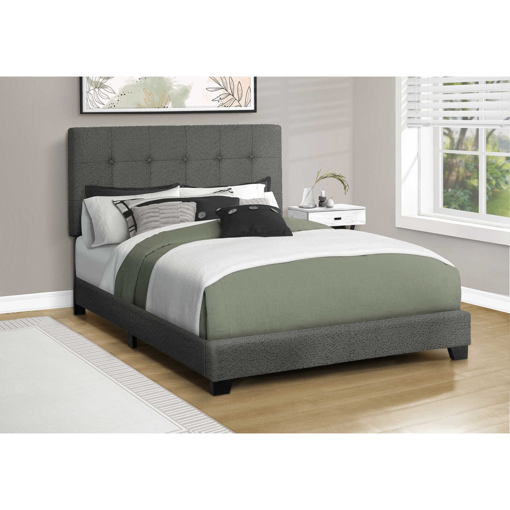 Boucle Fabric Upholstered Bed Frame, Dark Grey, Double