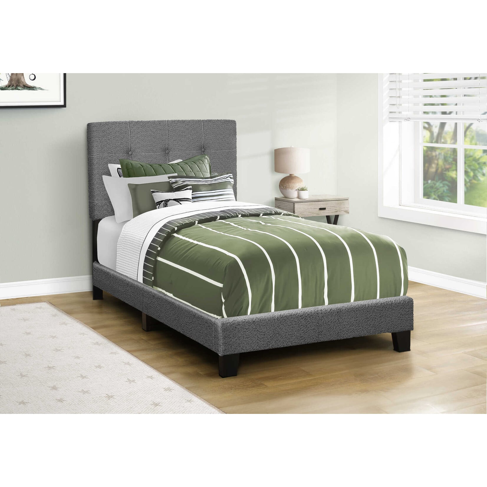 Boucle Fabric Upholstered Bed Frame, Dark Grey, Twin