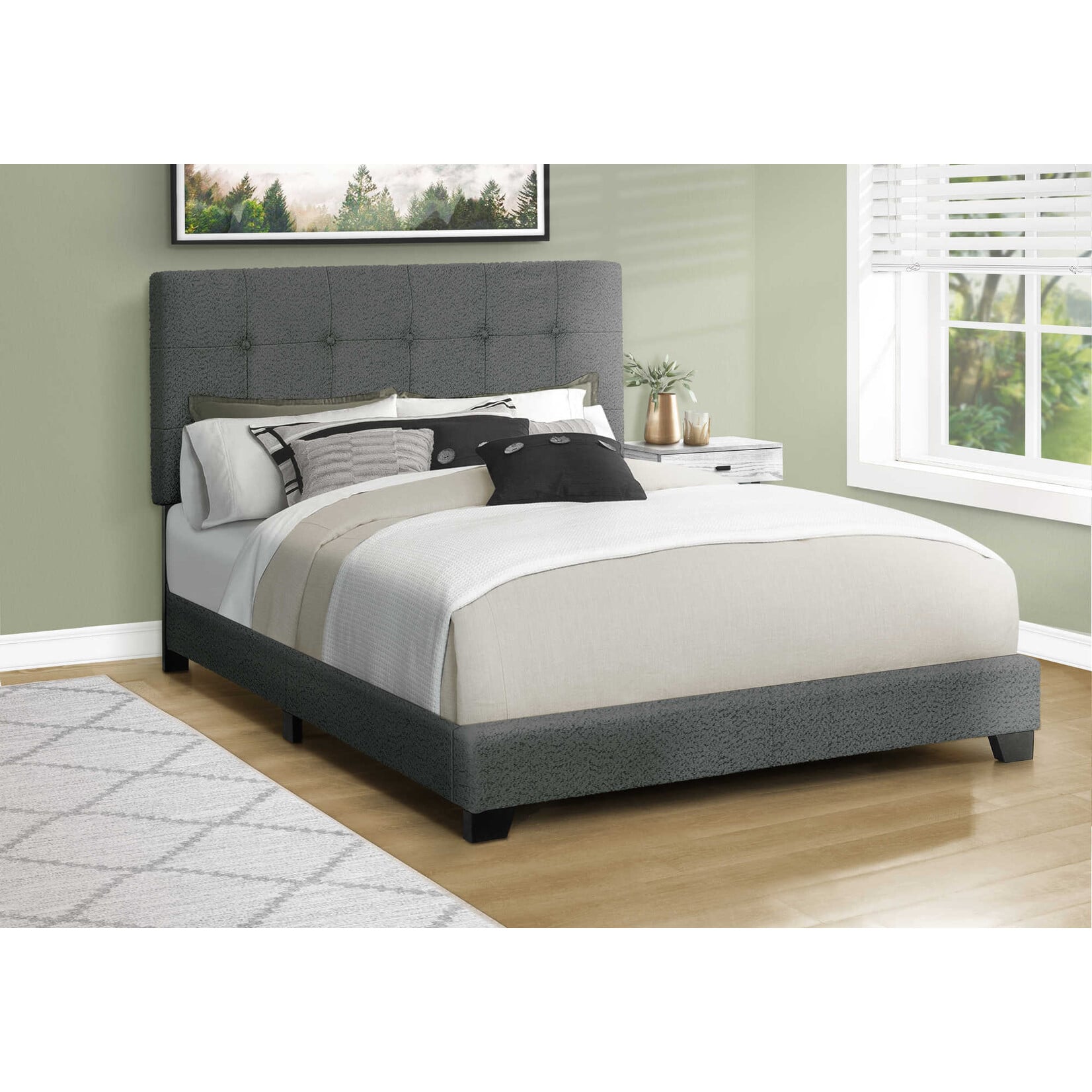 Boucle Fabric Upholstered Bed Frame, Dark Grey, Queen