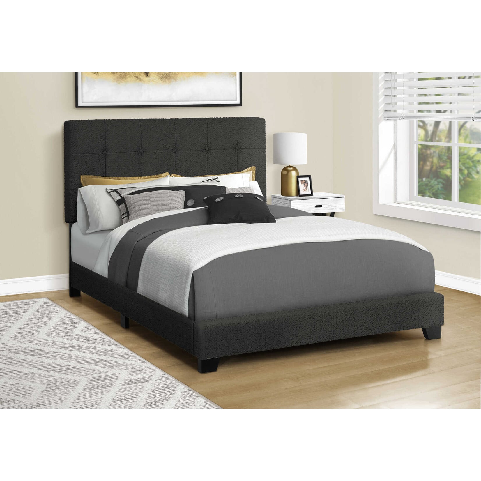Boucle Fabric Upholstered Bed Frame, Black, Double
