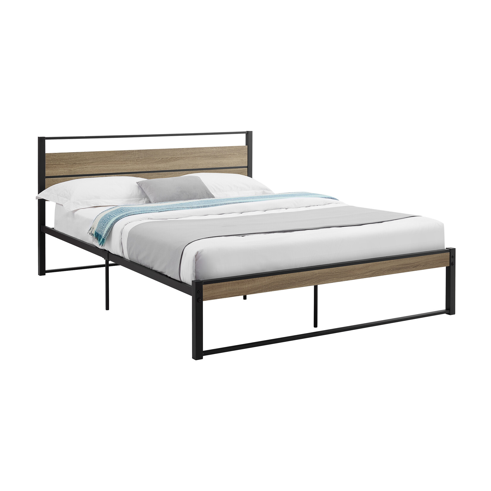 Bed Frame Black Metal Platform, Dark Taupe. Queen
