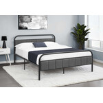 Bed Frame Black Metal Platform, Grey Fabric, Queen