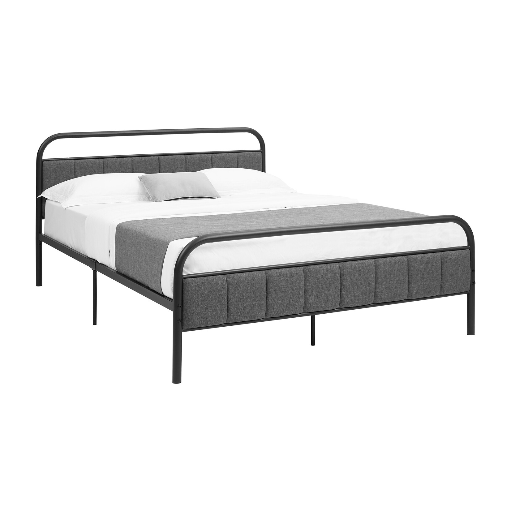 Bed Frame Black Metal Platform, Grey Fabric, Queen