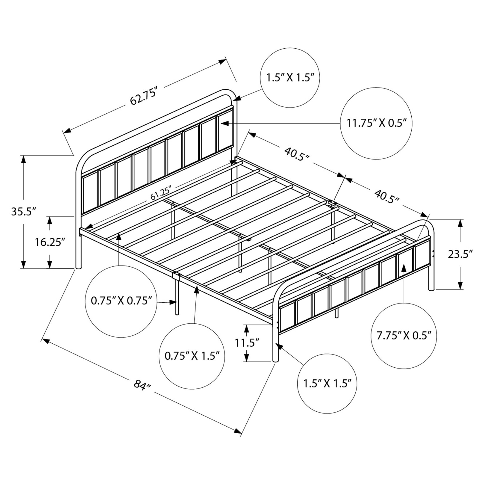 Bed Frame Black Metal Platform, Grey Fabric, Queen