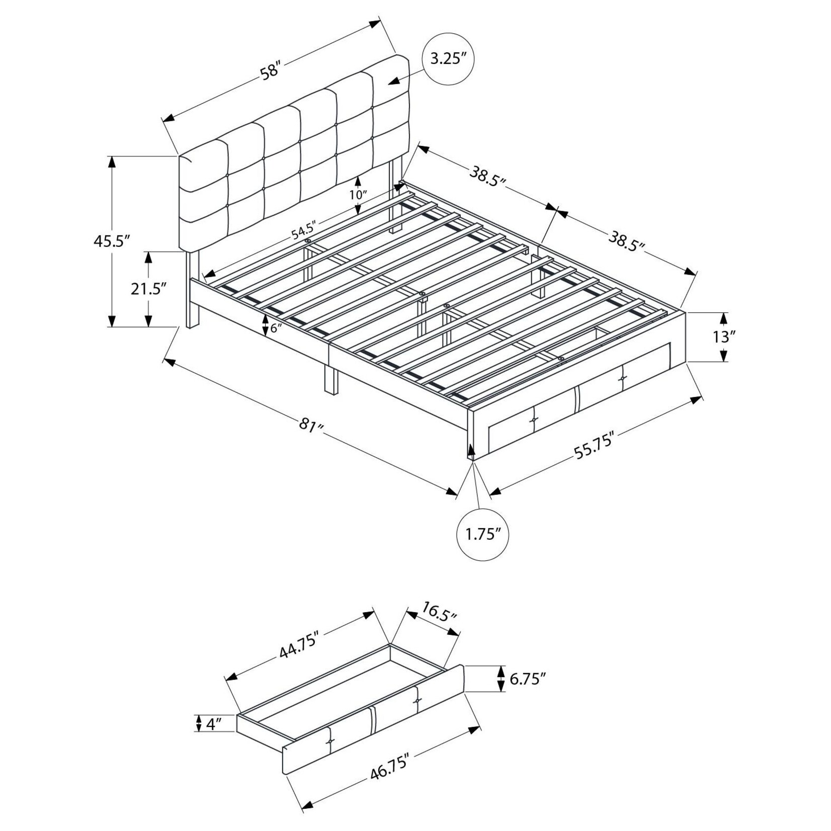 Cadre de Lit Plateforme en Lin Tiroir de Rangement Avant, Gris, Double