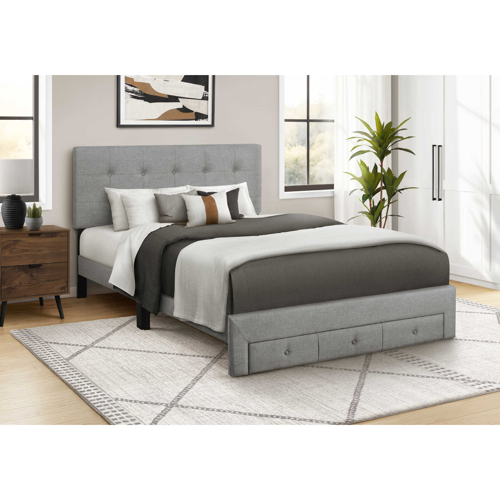 Cadre de Lit Plateforme en Lin Tiroir de Rangement Avant, Gris, Grand