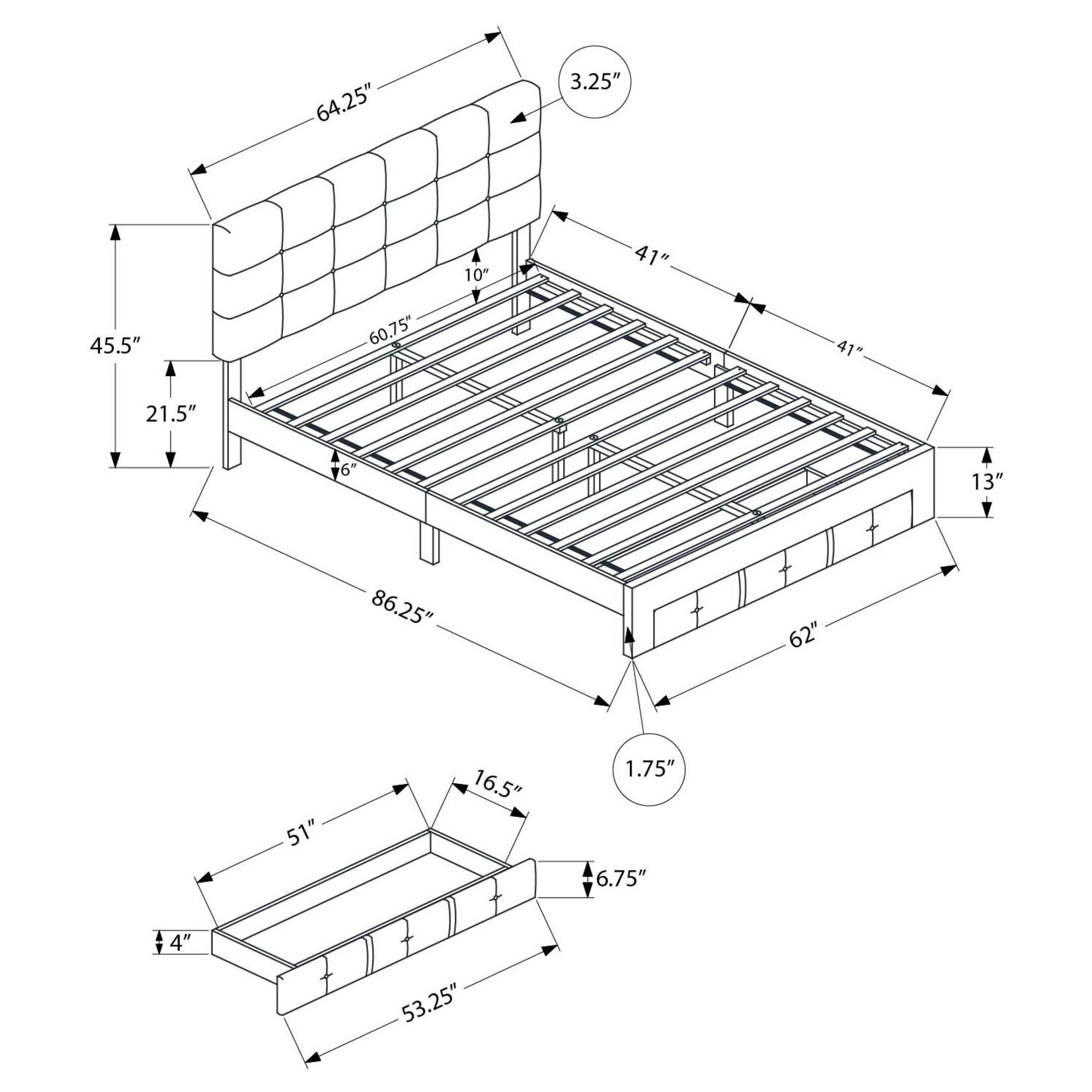 Bed Frame Linen Platform Front Storage Drawer, Grey, Queen