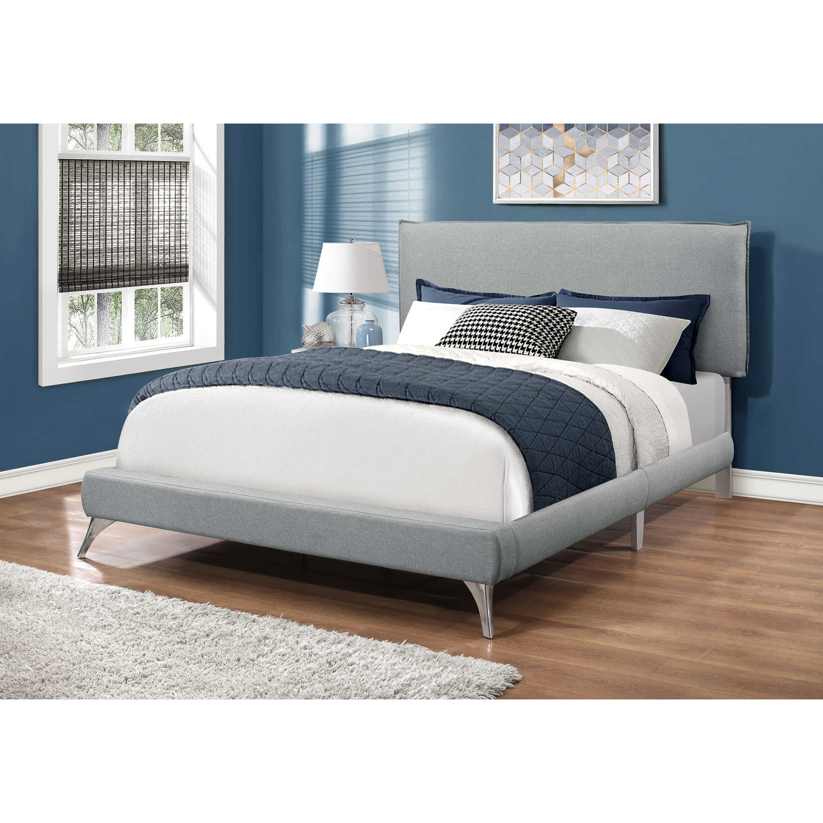 Bed Frame Leather-Look with Chrome Legs, White, Queen