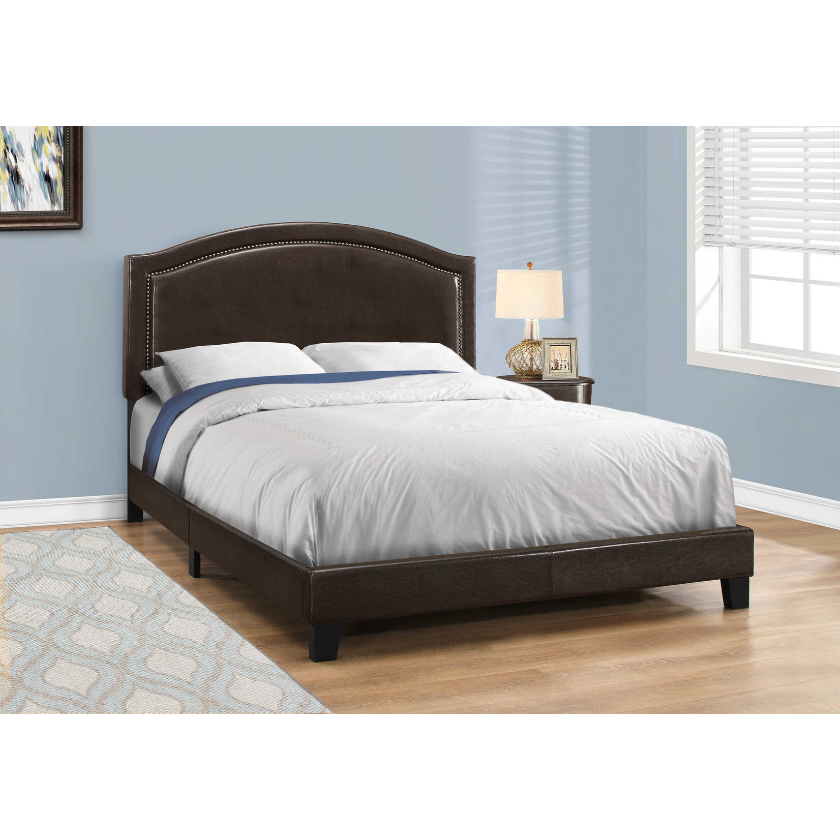 Cadre de Lit Simili-Cuir avec Bordure en Laiton, Brun, Grand