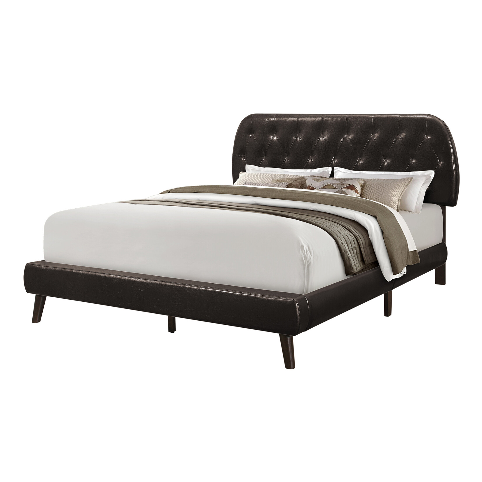 Bed Frame Leather-Look with Wood Legs, Brown, Queen