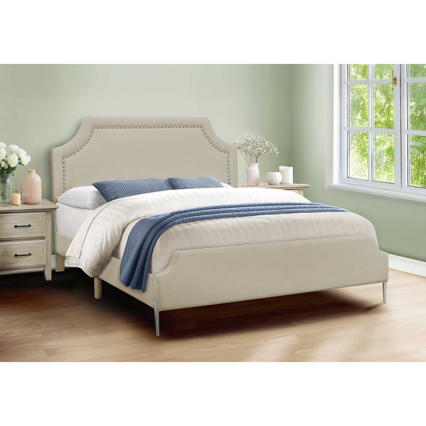 Bed Frame Linen with Chrome Metal Legs, Beige, Queen