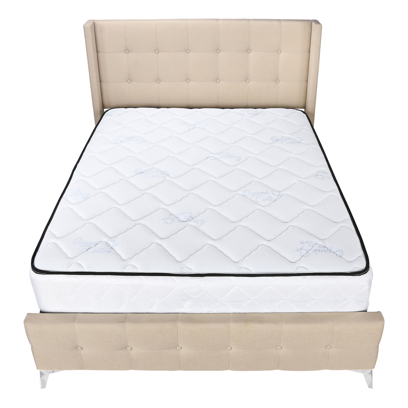 Bed Frame Linen with Chrome Metal Legs, Beige, Queen