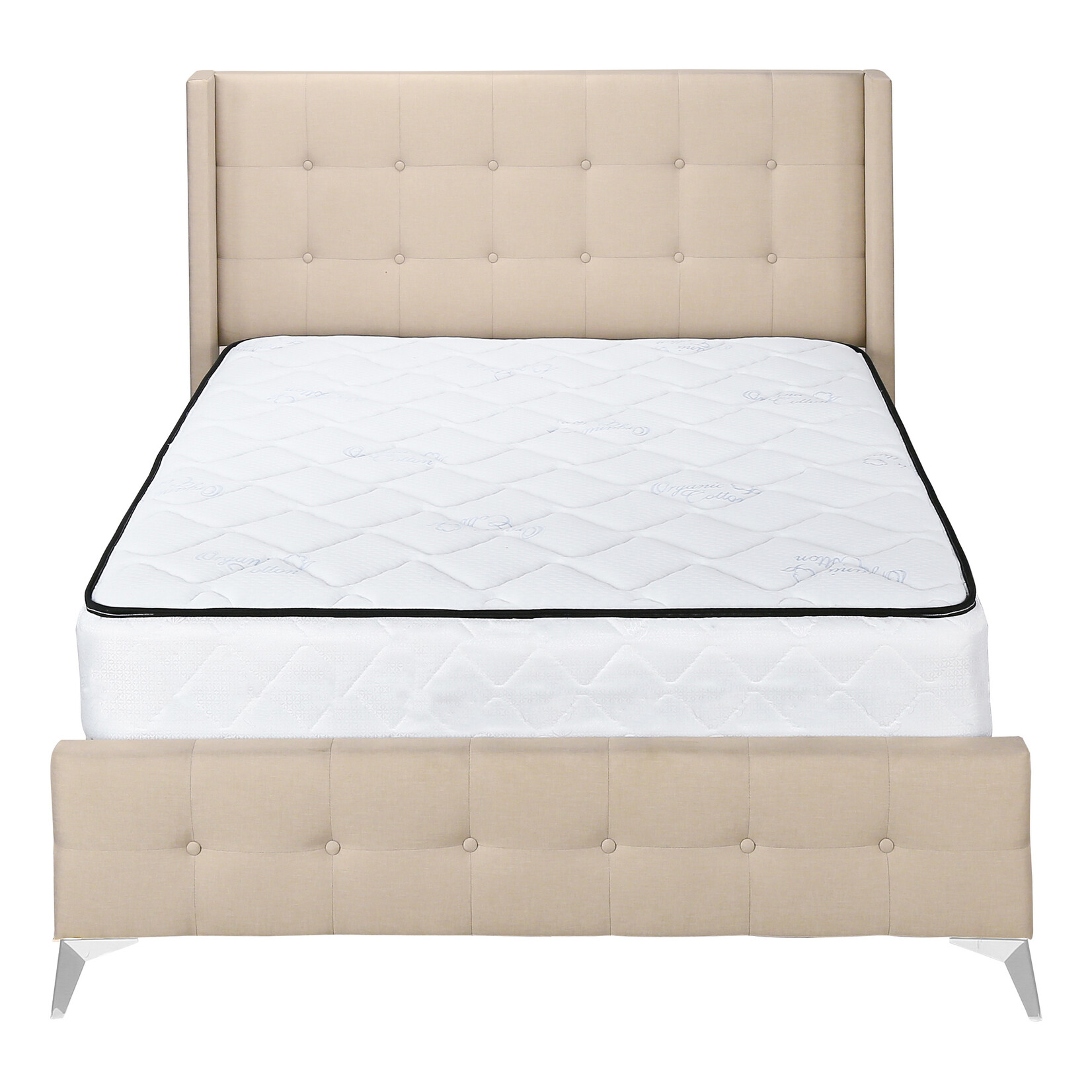 Bed Frame Linen with Chrome Metal Legs, Beige, Queen