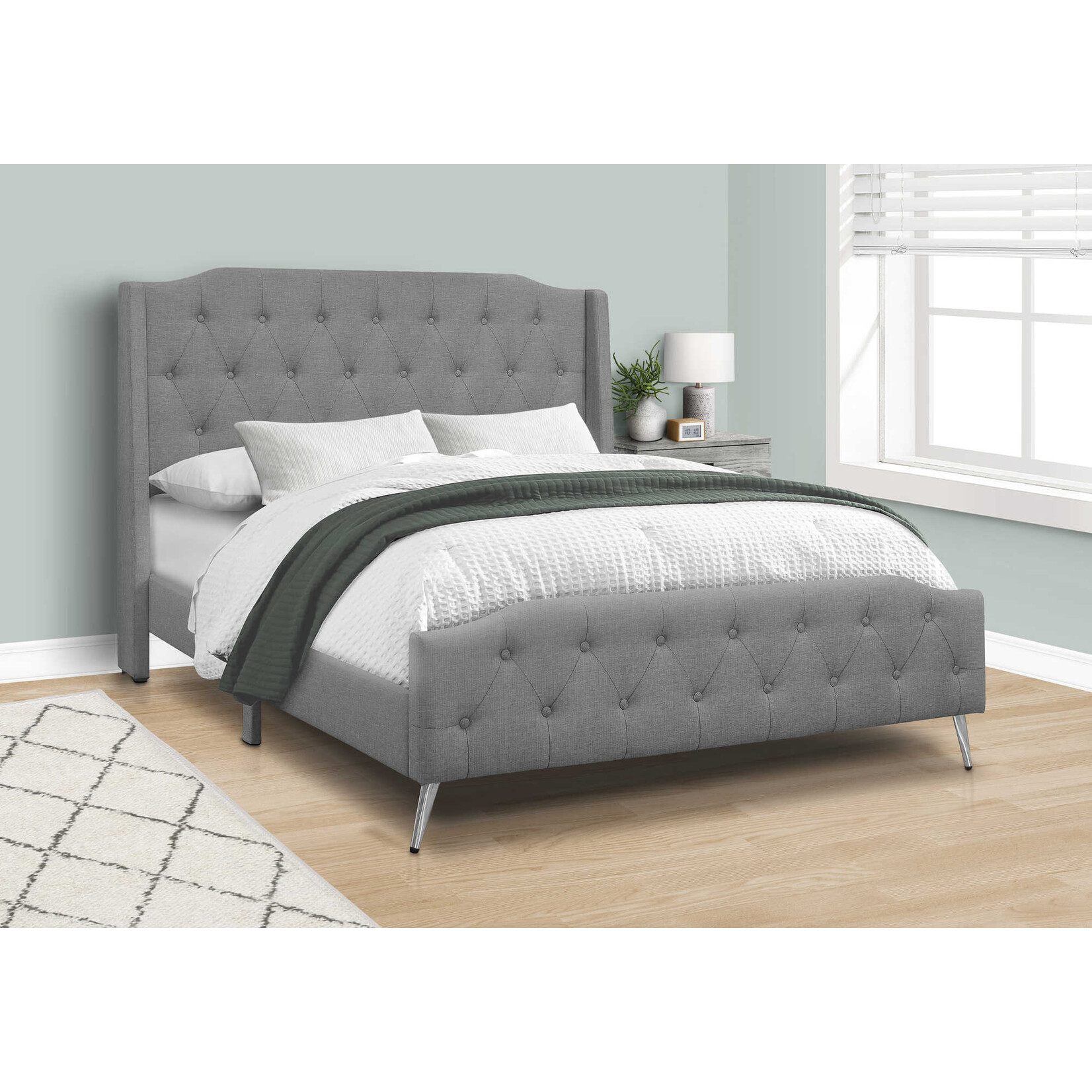 Bed Frame Linen with Chrome Metal Legs, Grey, Queen