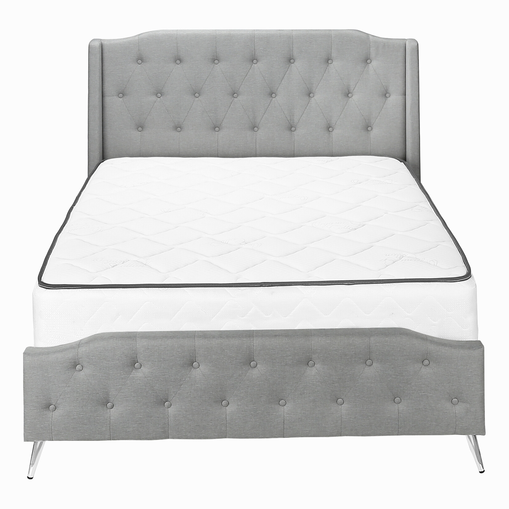 Bed Frame Linen with Chrome Metal Legs, Grey, Queen