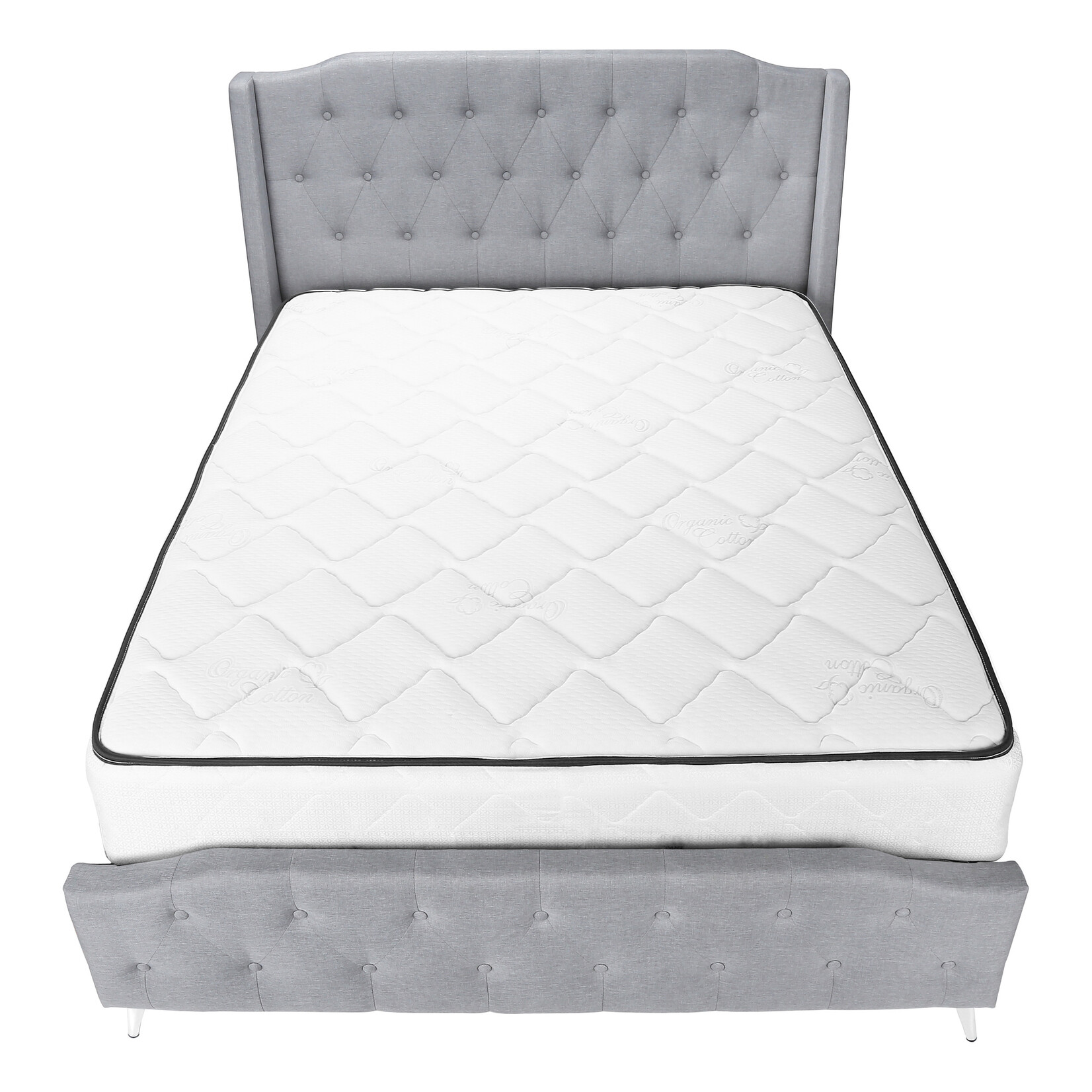 Bed Frame Linen with Chrome Metal Legs, Grey, Queen