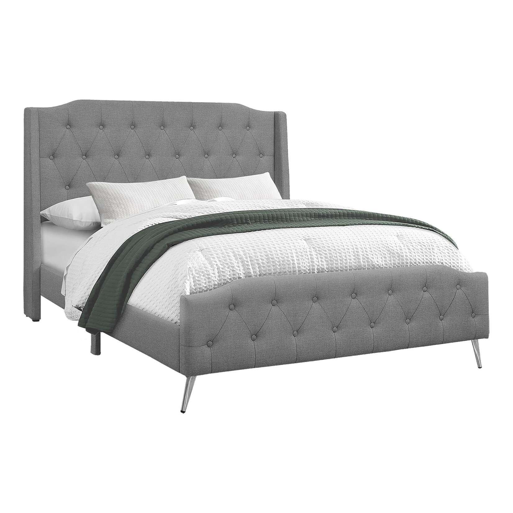 Bed Frame Linen with Chrome Metal Legs, Grey, Queen